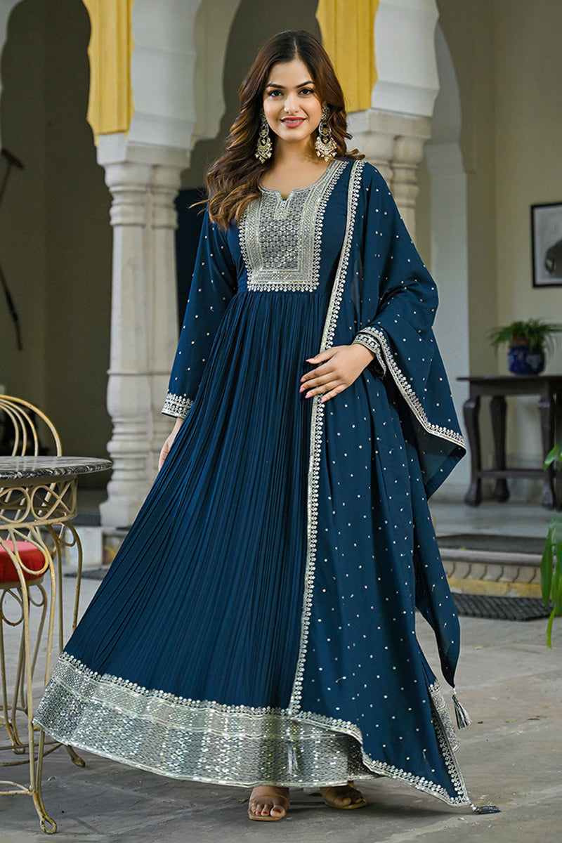 Ahika Teal Blue Georgette Solid Yoke Design Anarkali Kurta Dupatta Set VKSET1473