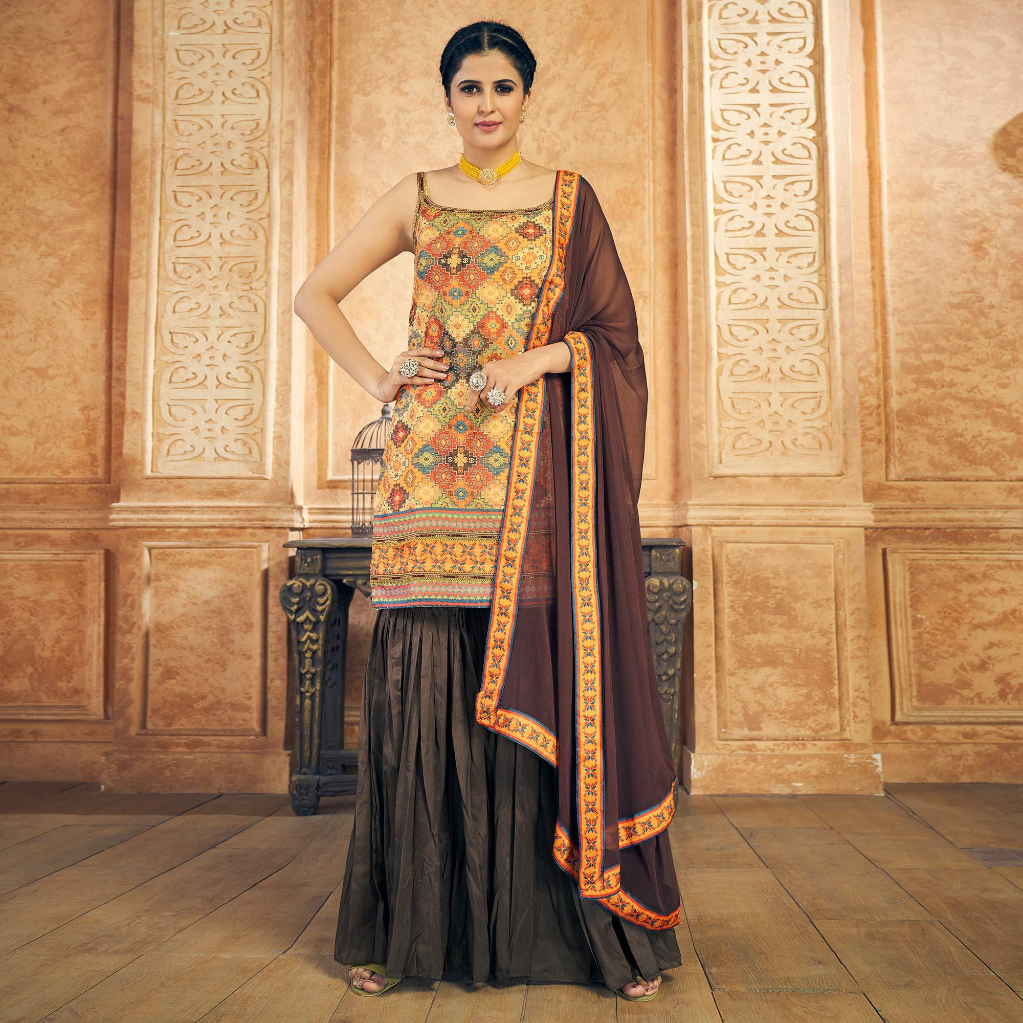 Peachmode Multicolor Embroidered Chiffon Sharara Suit - view 6