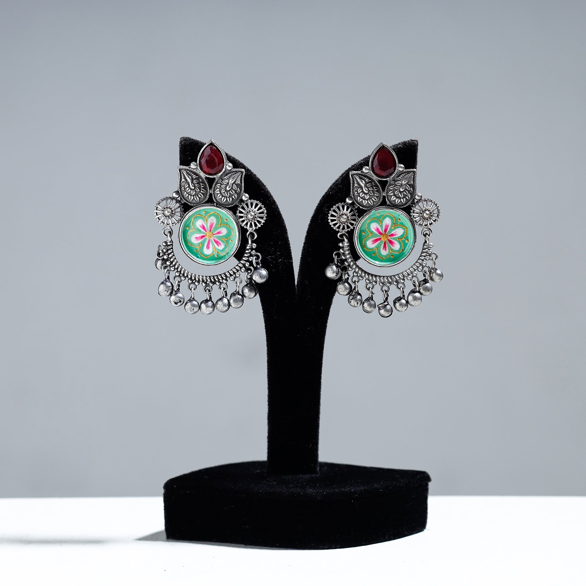 WHITE RIVER STORIES Antique Silver Finish Oxidised Brass Base Enamel & Stone Work Earrings