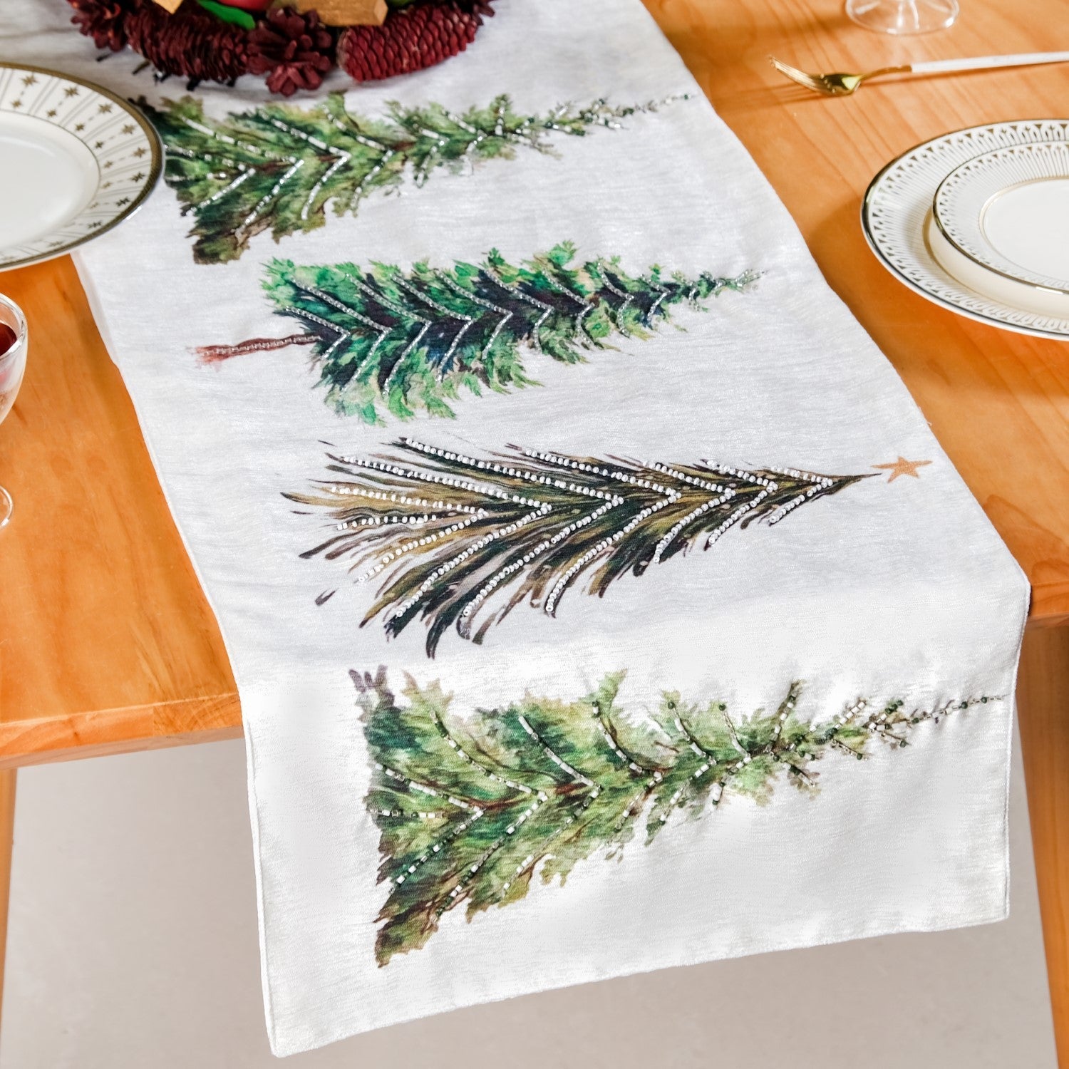 Nestasia Grove Of Pine Trees Print Embellished White Dining Table Runner