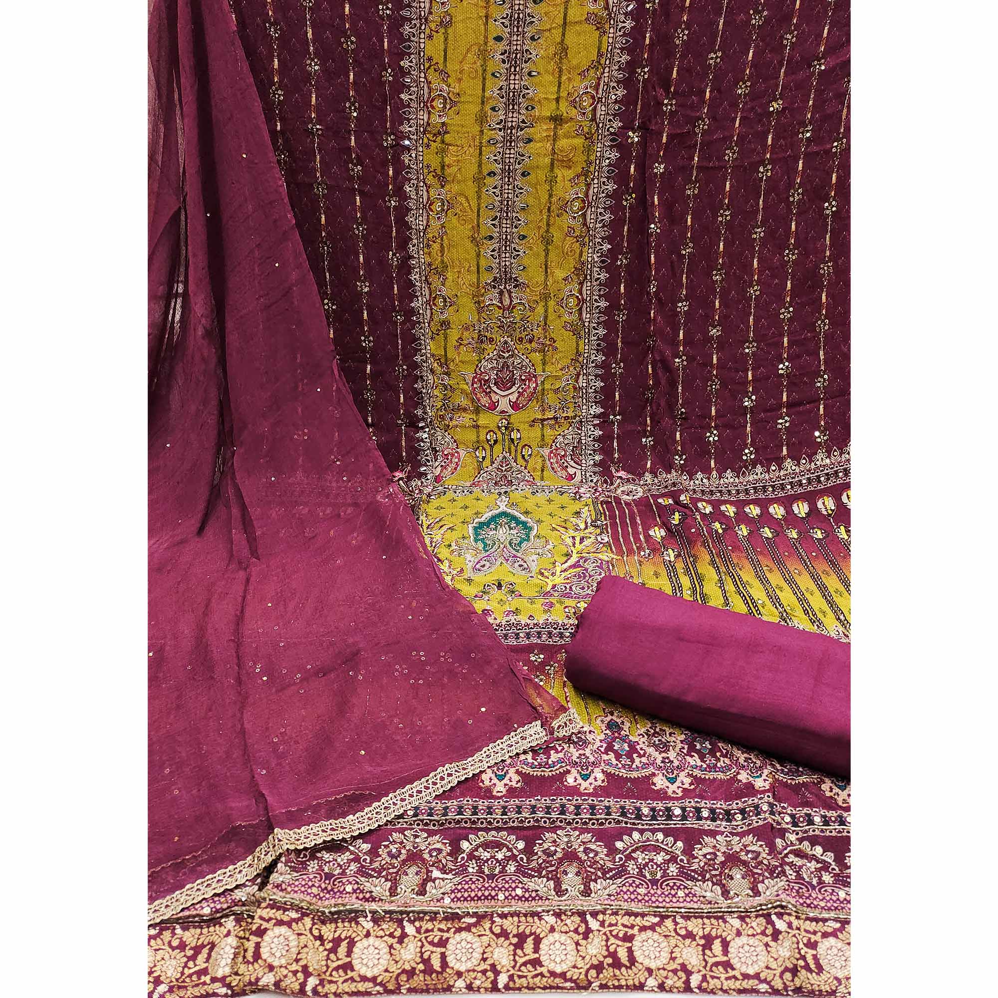 Peachmode Wine Sequins Embroidery With Printed Crepe Dress Material - view 3