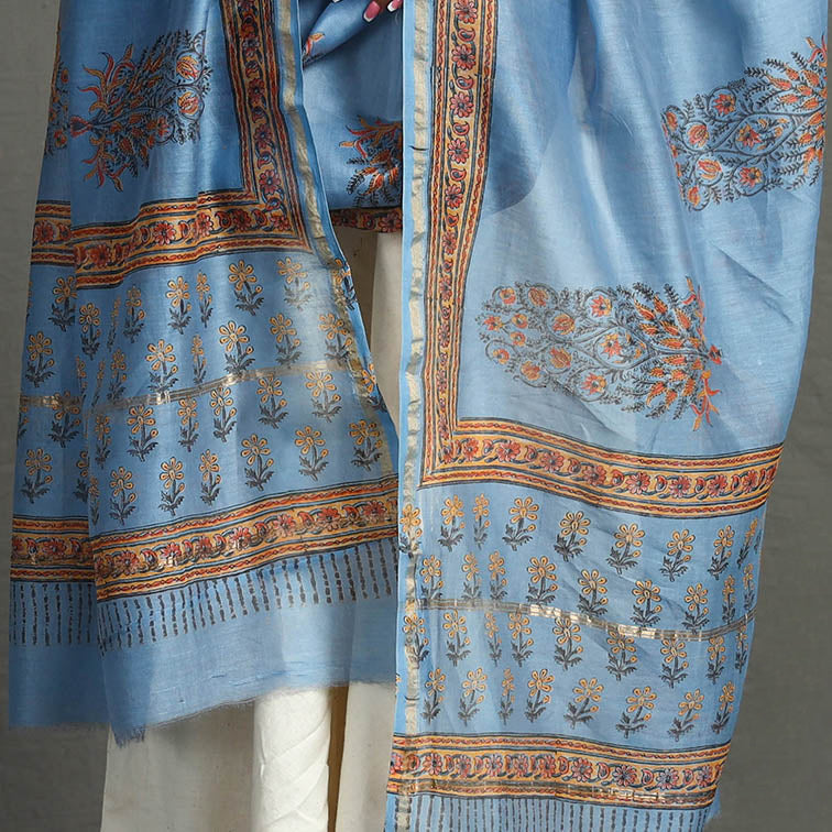 BAGRU DABU PRINTS Blue - Block Printed Chanderi Silk Sanganeri Dupatta 64 - view 4