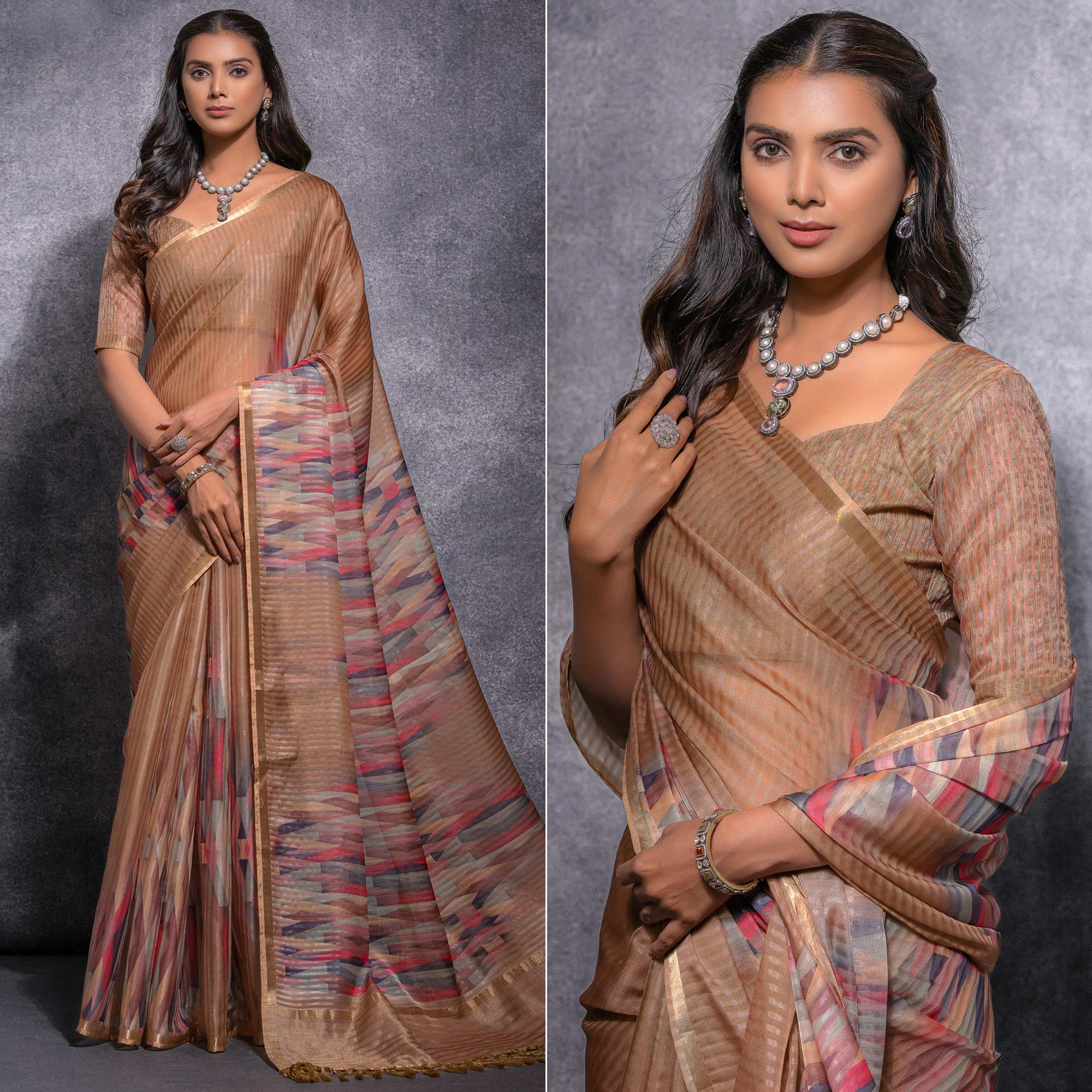 Peachmode Chikoo Digital Printed Linen Saree With Woven Border