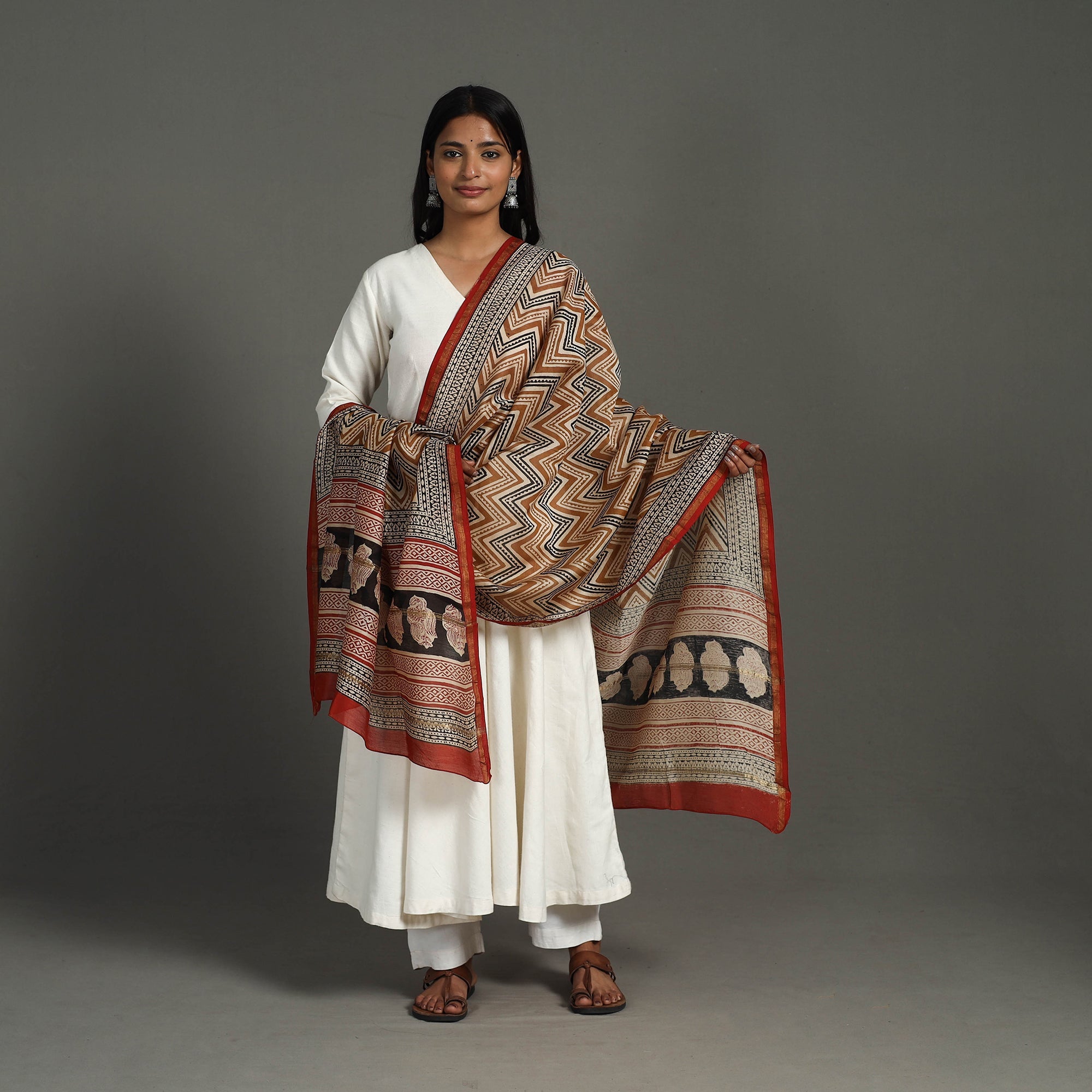 HAVELI CHRONICLES Brown - Block Print Chanderi Silk Bagru Dupatta 15