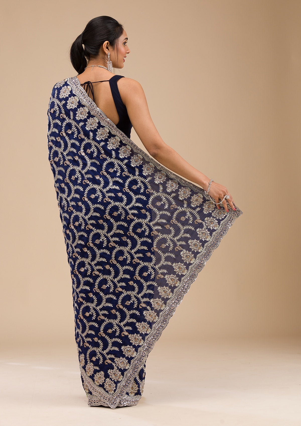Koskii Navy Blue Zariwork Georgette Saree – Women's - view 2