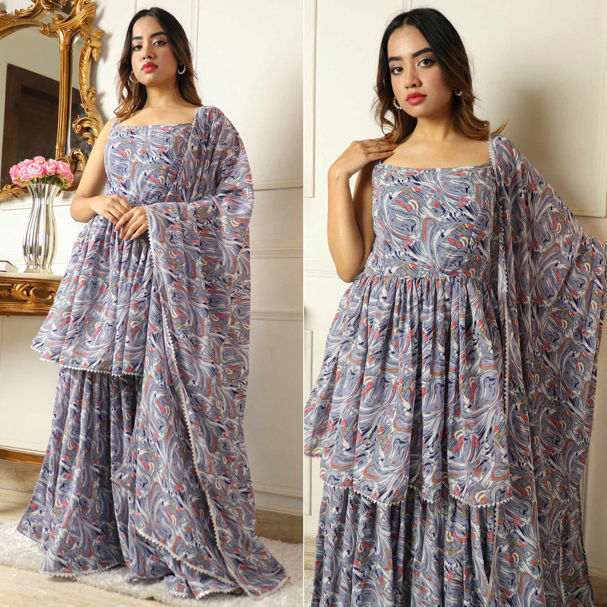 Peachmode Seller Grey Printed With Gota Work Georgette Sharara Suit