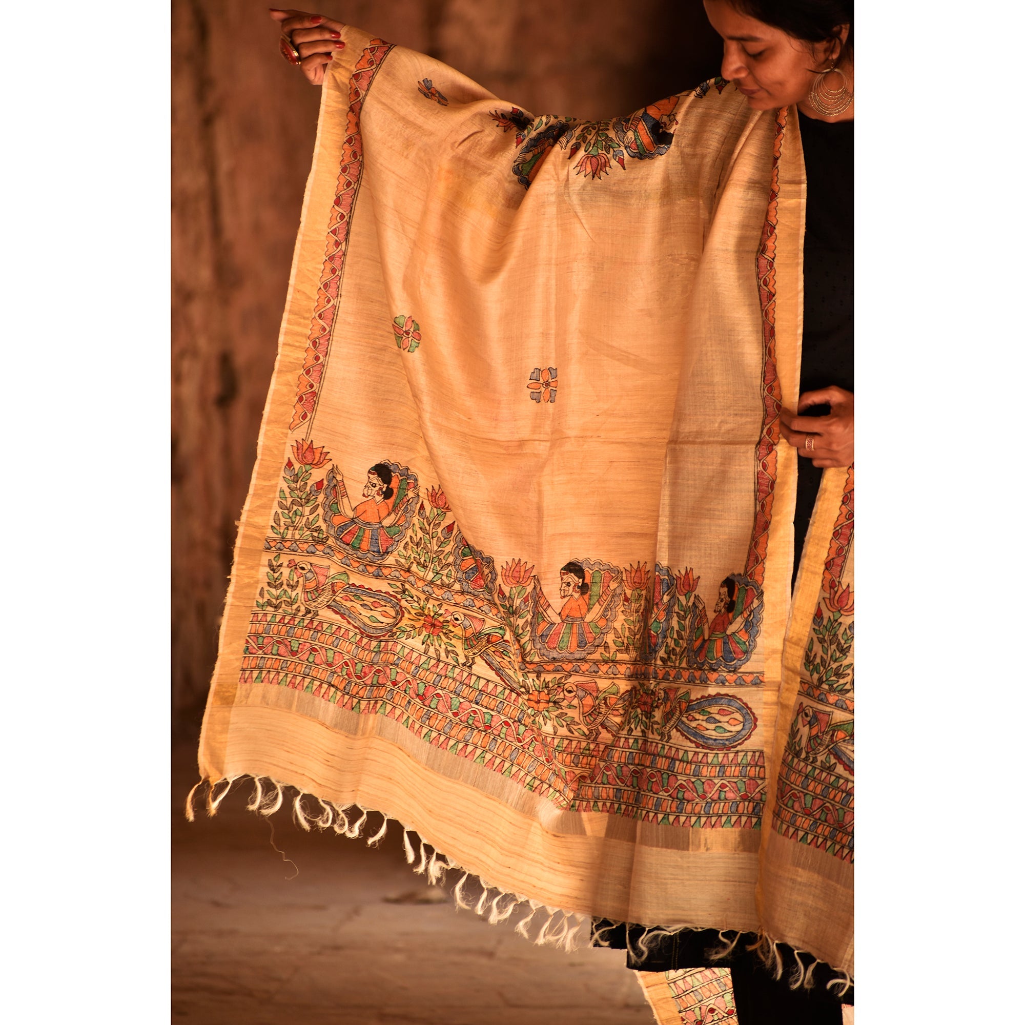 Beige - Diorama Designs Zari Border Tussar Silk Dupatta - view 4