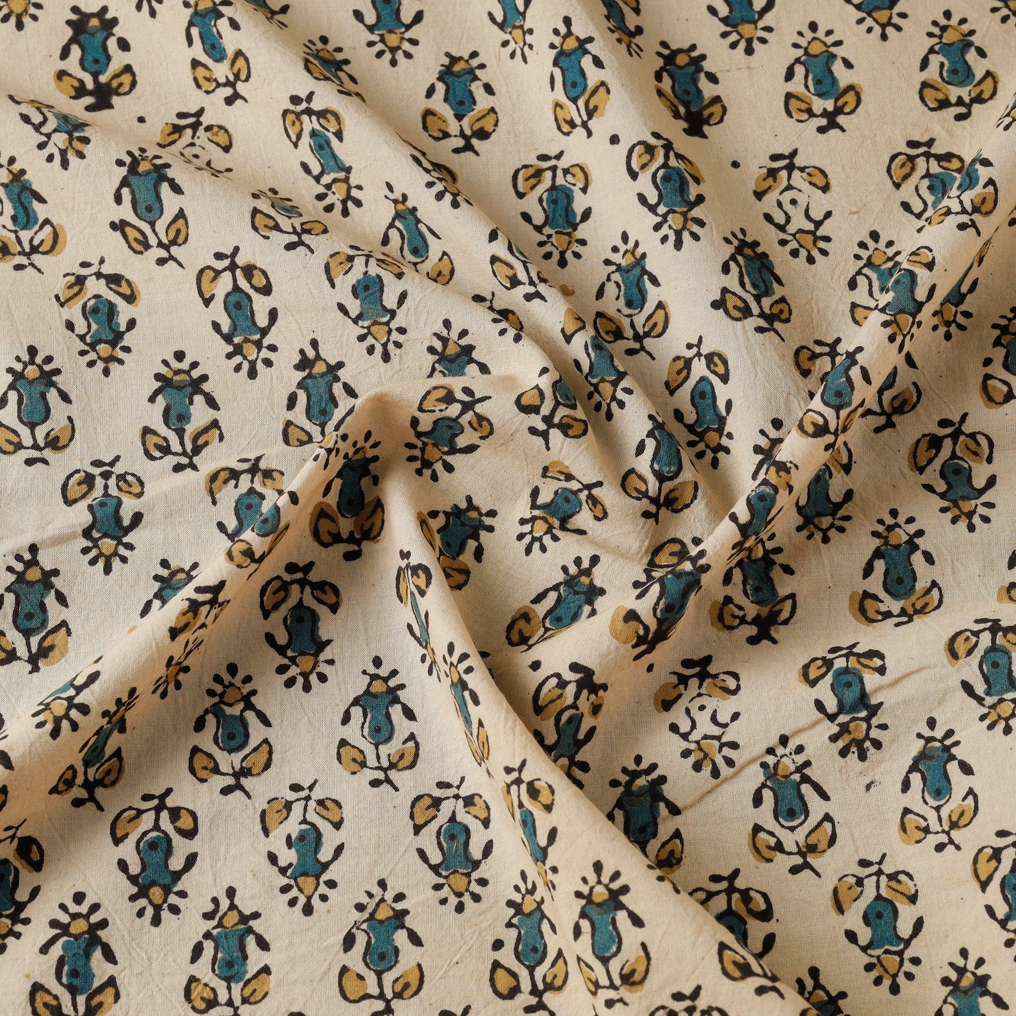 KACHCHH JI CHHAAP Beige - Bisque Green Florets Block Print Cotton Ajrakh Fabric 47 - view 3