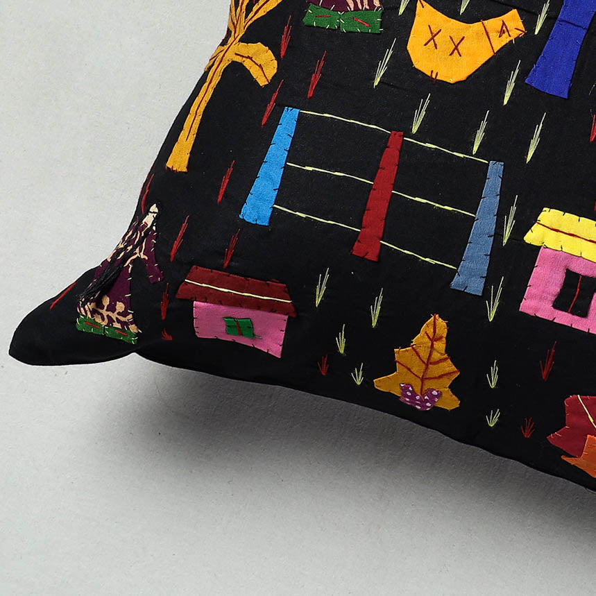 ASHOKA ASSEMBLE - CELEBRATING CRAFTS OF ODISHA Black - Pipli Applique Work Cotton Cushion Cover (16 x 16 in) - view 2