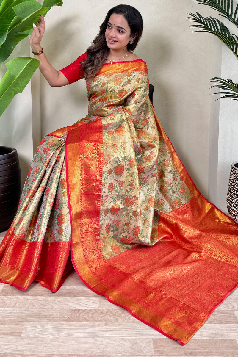 Tasrika Lovely Beige and Red Kanjivaram Silk Saree With Fancifull Blouse Piece - view 4