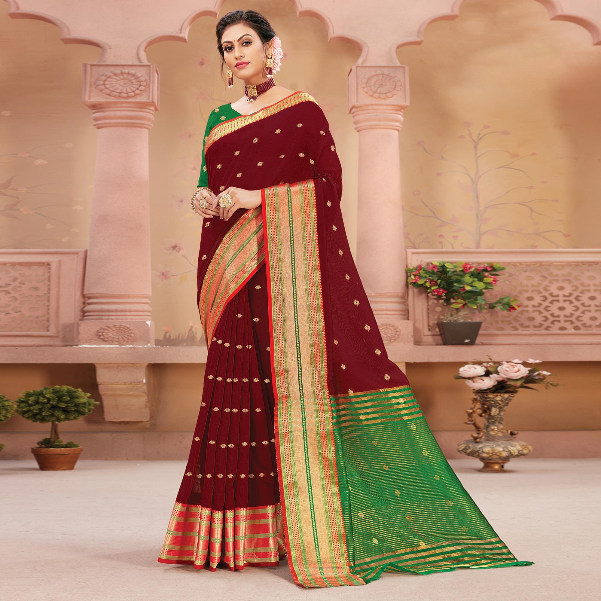 Peachmode Maroon Festive Wear Woven Handloom Silk Saree