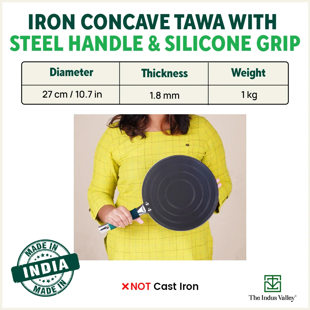 The Indus Valley Ironklad 100% Pure Sheet Iron Concave Tawa, Steel Cool Touch Handle & Silicone Grip, Pre-seasoned, Toxin-free, 27 cm, 1 Kg - view 2