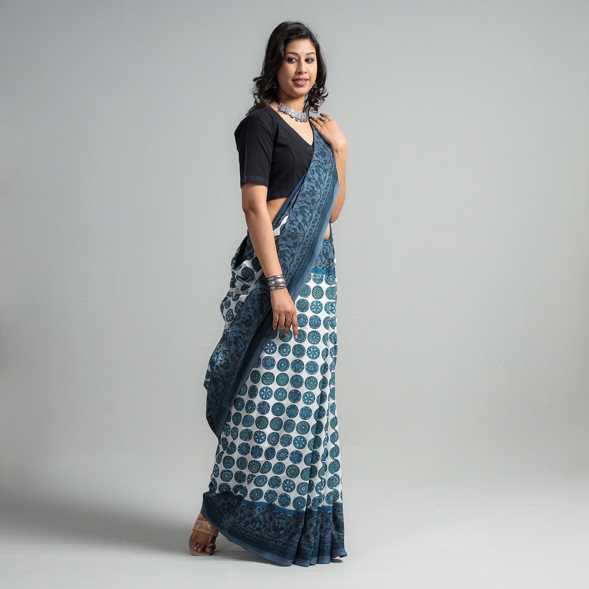SANTOSH KUMAR DHANOPIA Blue - Block Printed Mul Cotton Sanganeri Saree - view 2