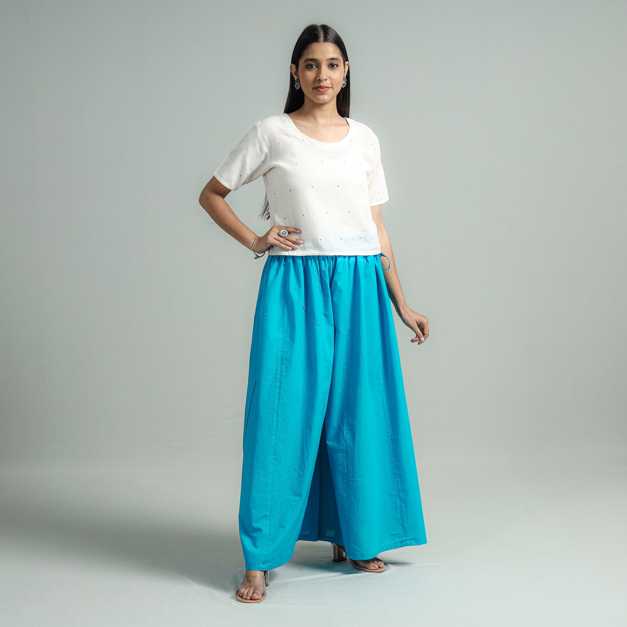 ITOKRI CASUALS Aqua Blue - Plain Dyed Cotton Flared Palazzo