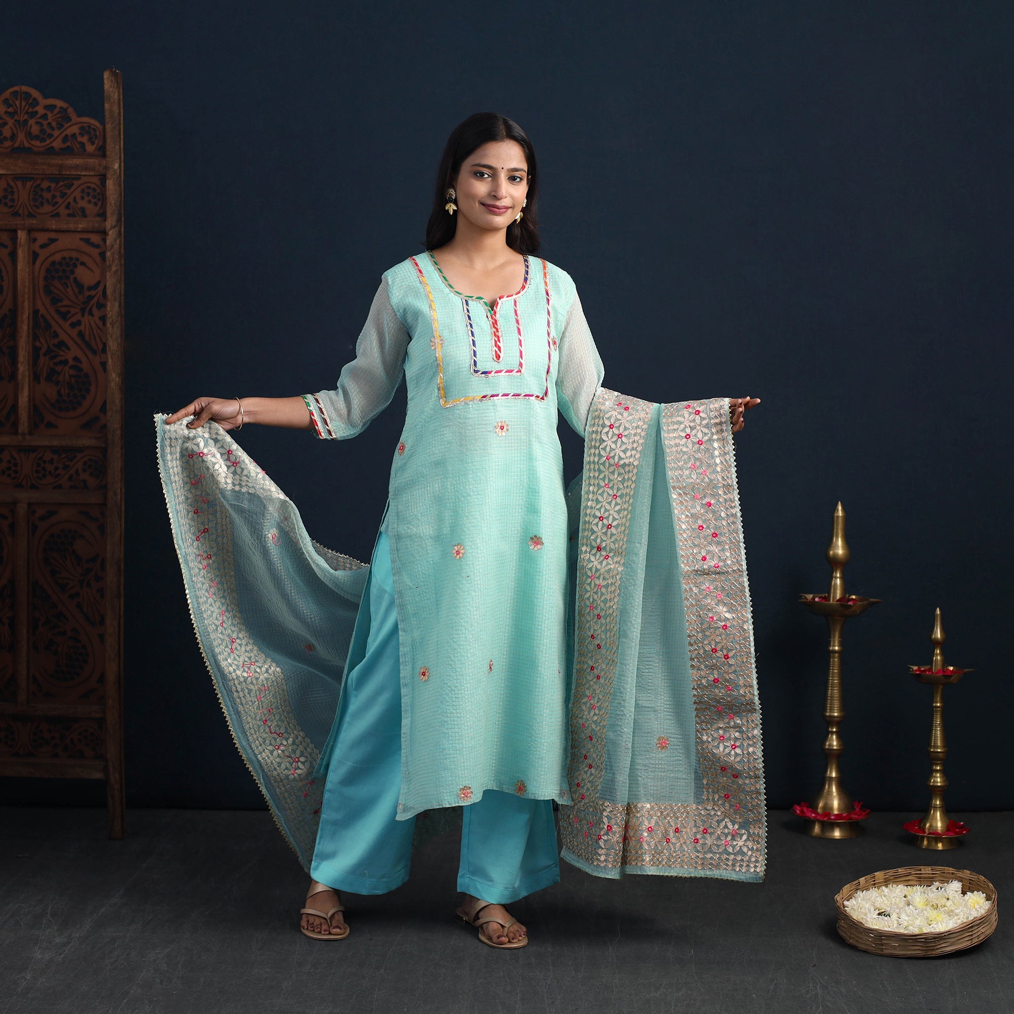 ITOKRI CASUALS Blue - Elegant Gota Work Silk Kota Doria Kurta Set 01