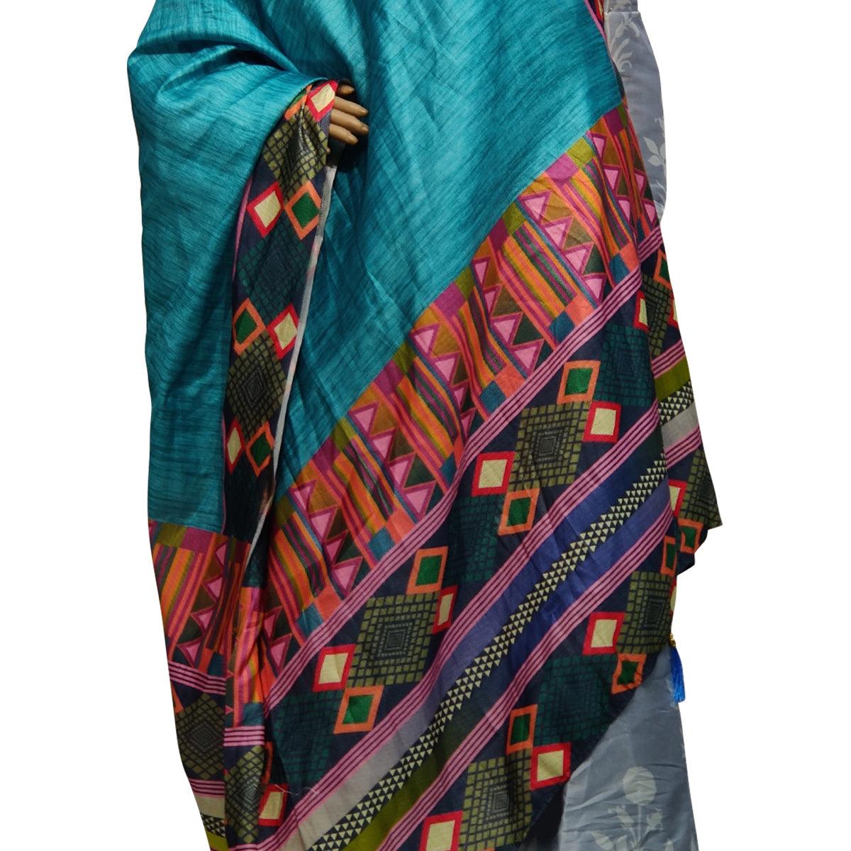 Peachmode Seller Delightful Blue-Multi Colored Casual Wear Printed Cotton Silk Dupatta With Tassels - view 2