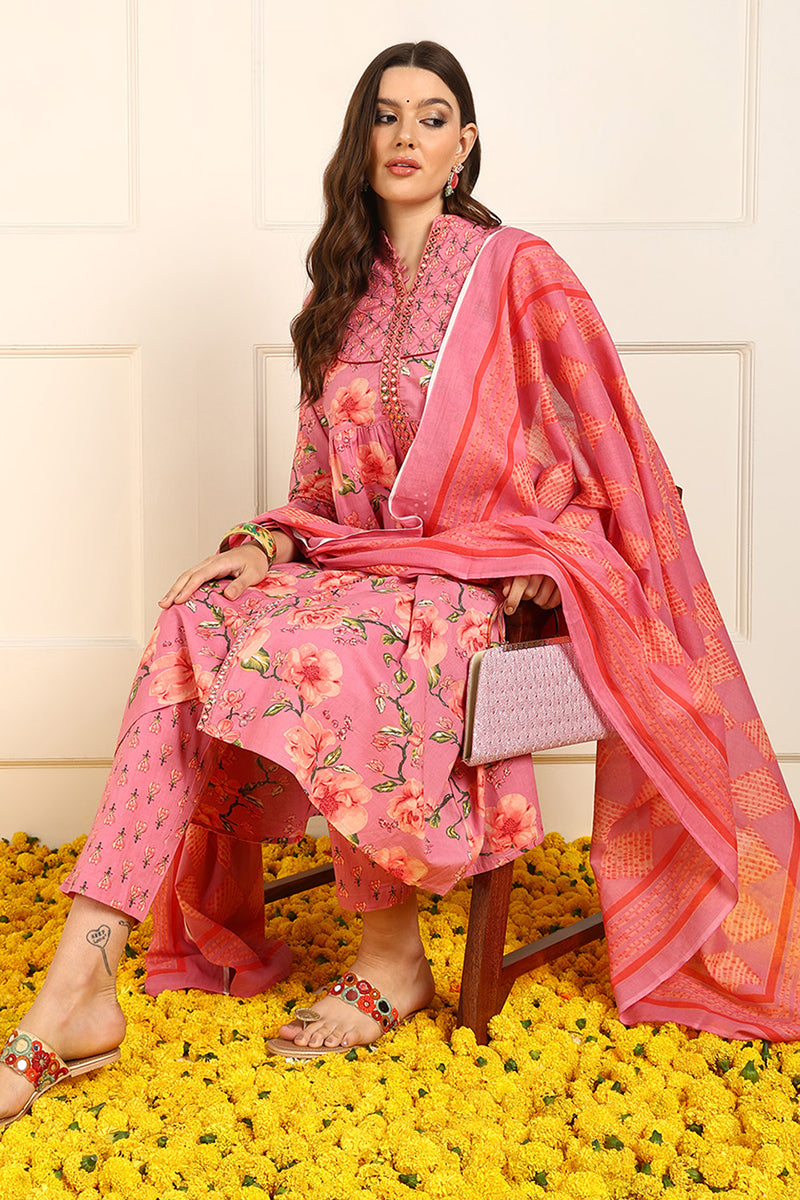 Ahika Pink Pure Cotton Floral Embroidered A-Line Suit Set JPSKD1025PNK - view 5