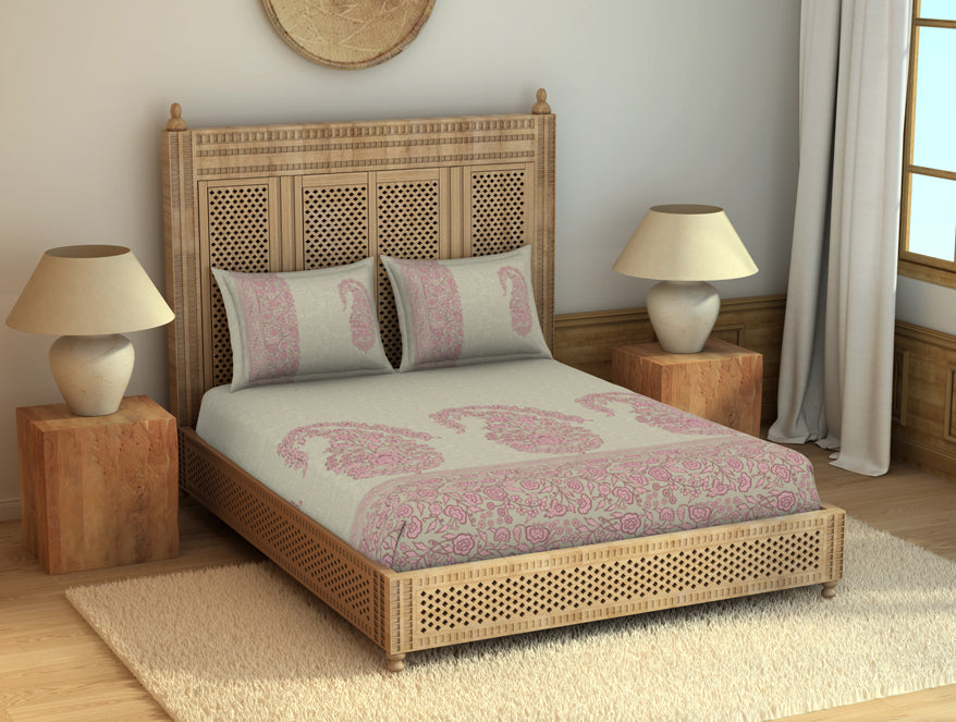 Spaces India Floral Mellow Rose - Blush 100% Cotton King Size Bedsheet - Chamba Rumal - Rangana By Spaces - view 2