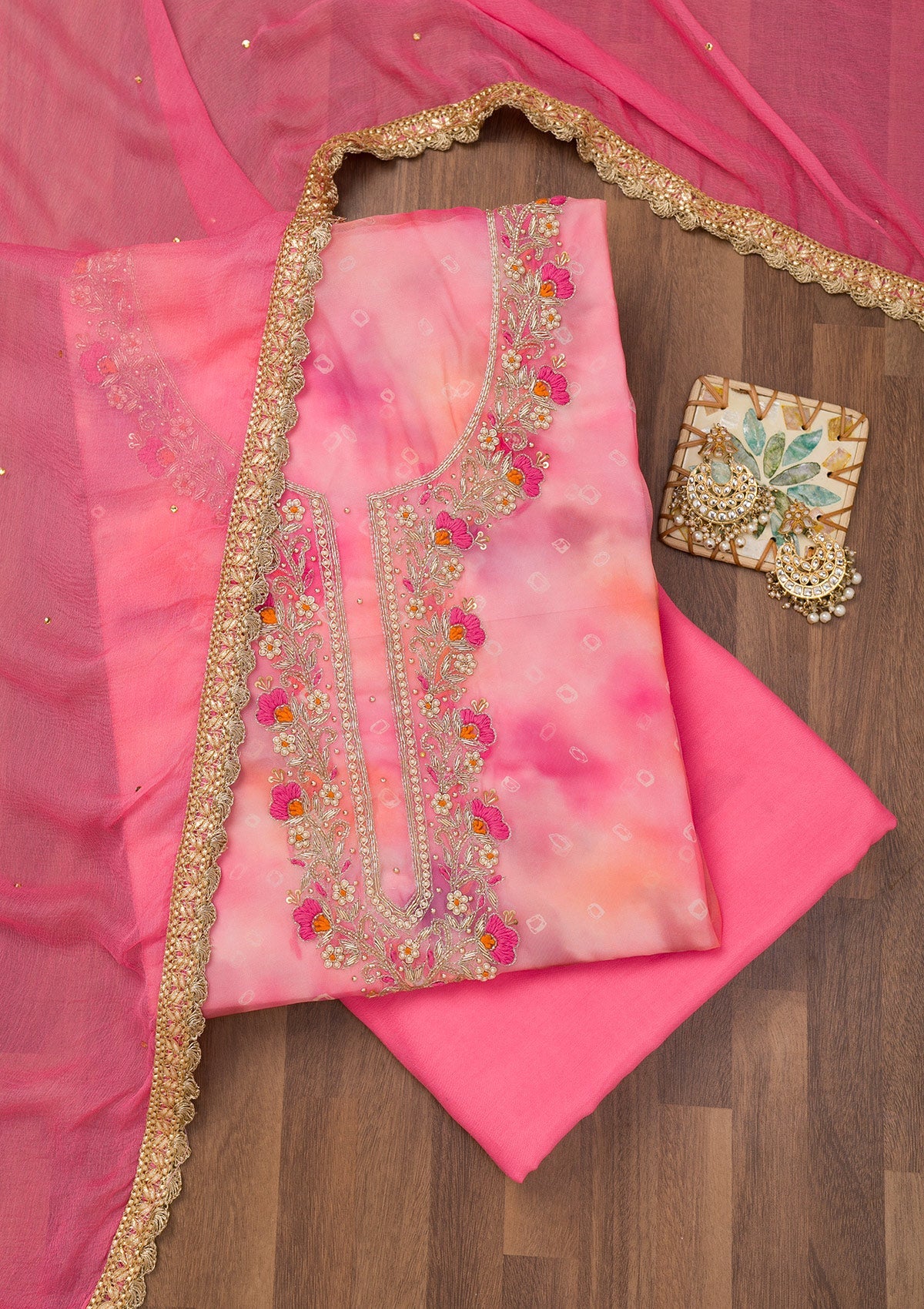 Koskii Pink Zariwork Organza Unstitched Salwar Suit