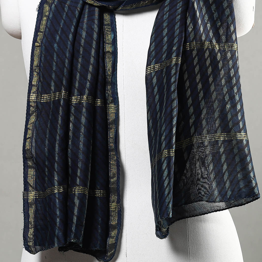HAVELI CHRONICLES Blue - Akola Block Printed Chanderi Silk Handloom Stole with Zari Border - view 3