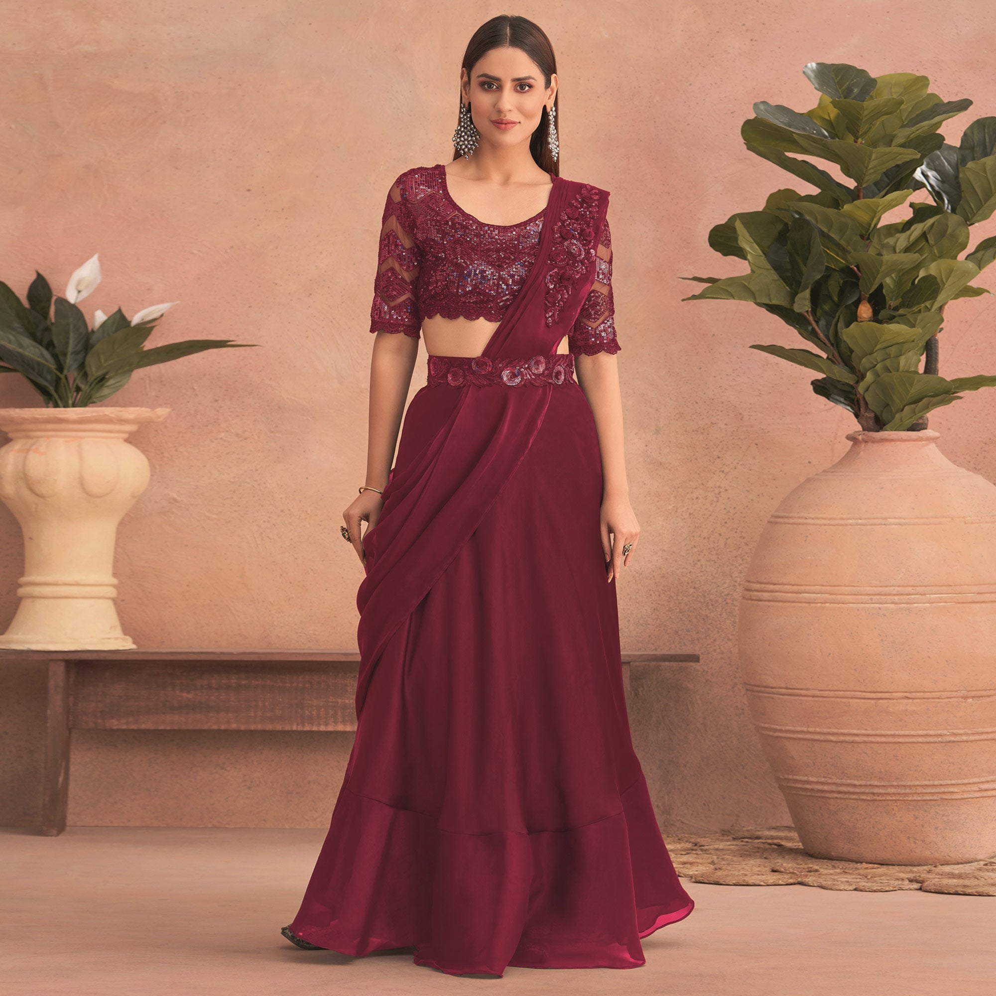 Peachmode Seller Maroon Sequins Embroidered Ready to Wear Art Silk Saree - view 2