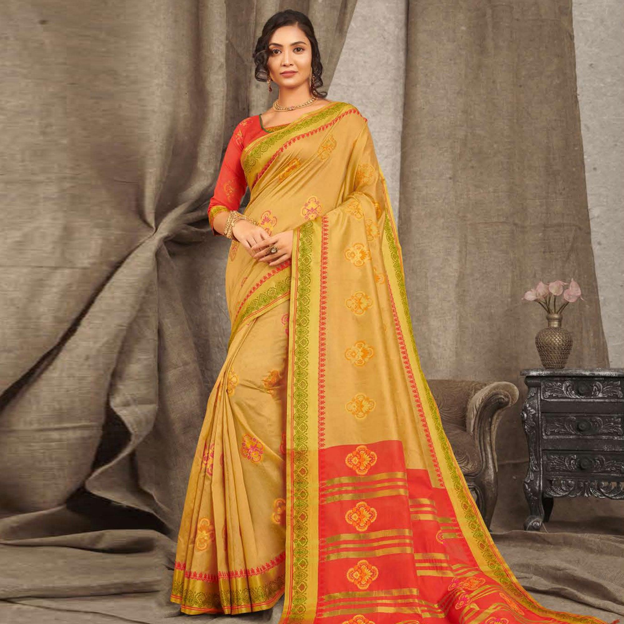 Peachmode Fantastic Mustard Yellow Colored Festive Wear Woven Cotton Handloom Saree