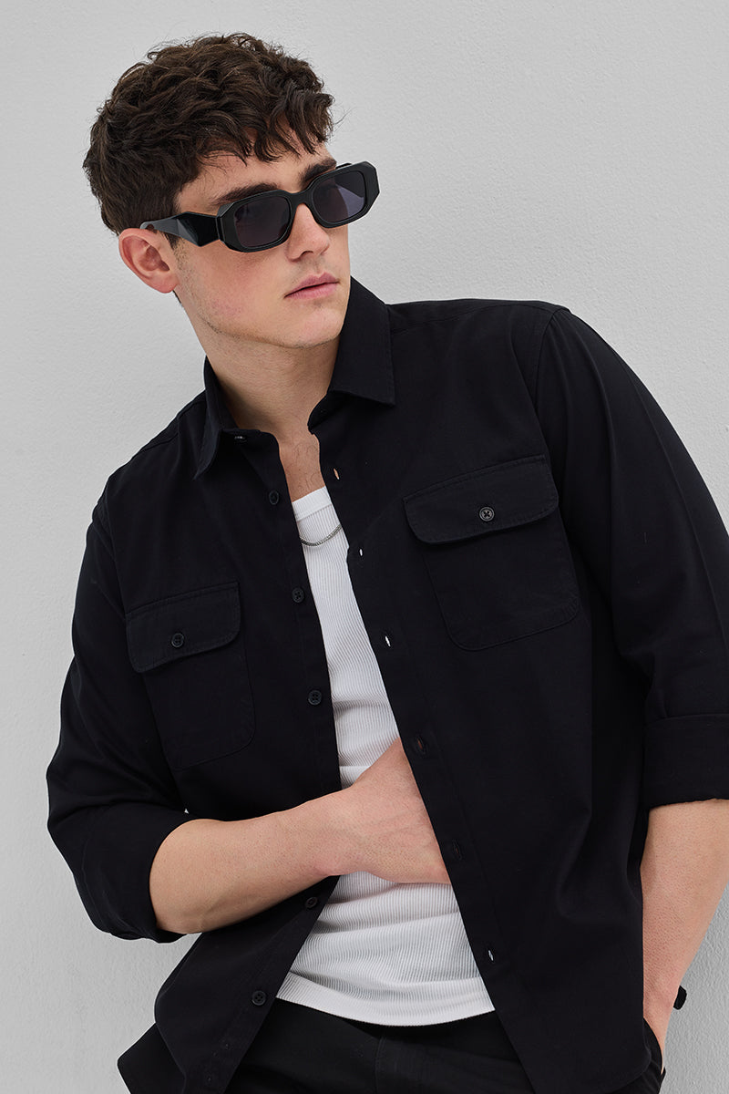 SNITCH Black Solid Double Pocket Overshirt - view 4