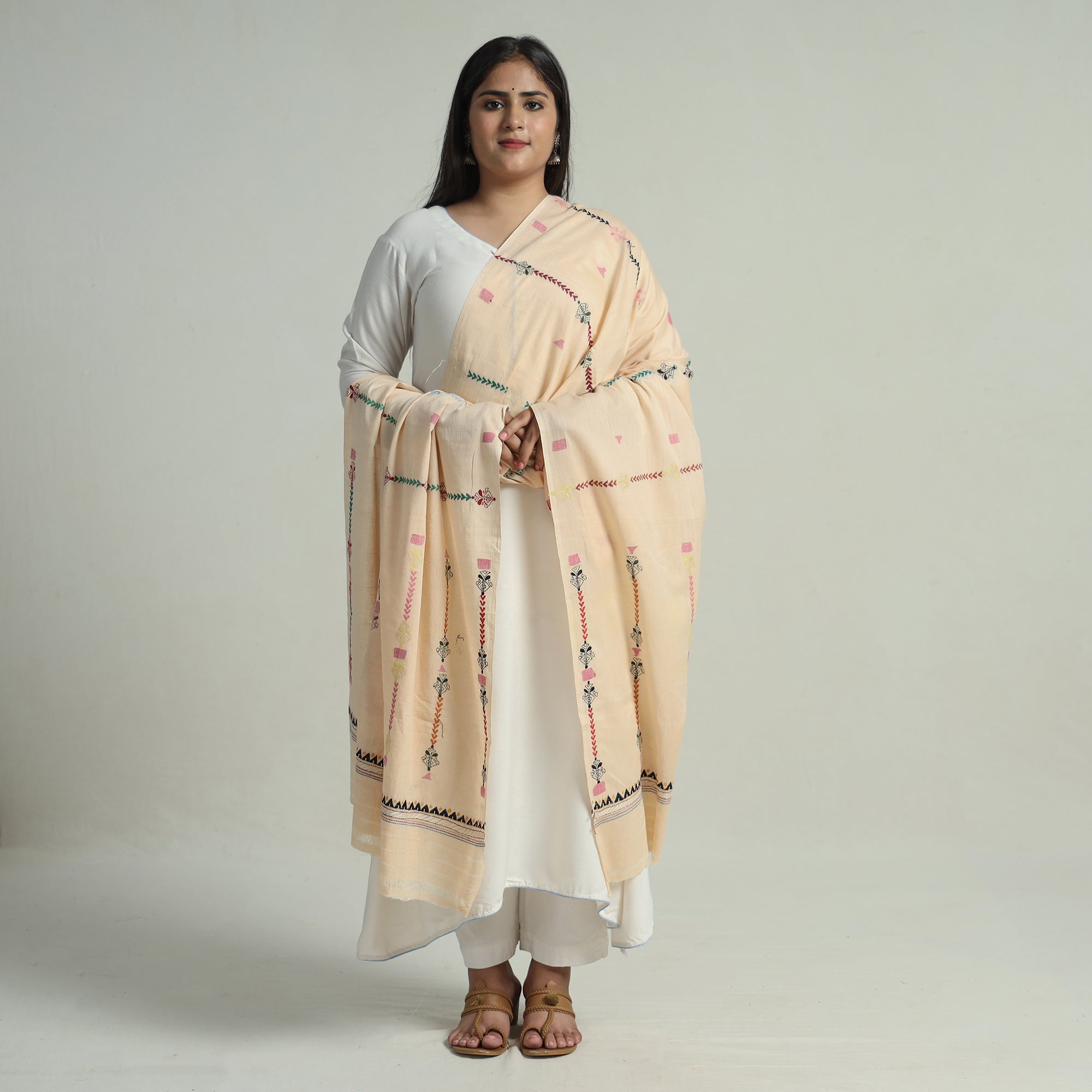 KHUSHBASH - HAPPY LOOM OF EAST Beige - Bengal Kantha Embroidery Silk Cotton Dupatta 02 - view 2