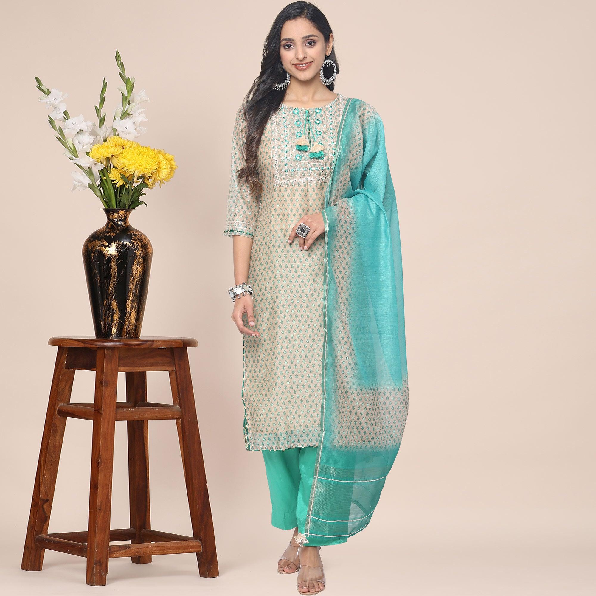 Peachmode Cream Patywear Embroidered Muslin Kurti Pant Set With Dupatta