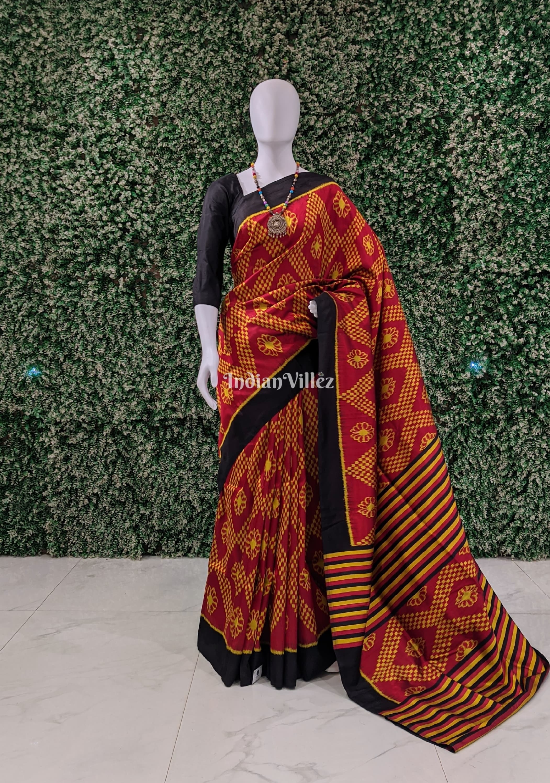 IndianVillèz Red Yellow Contemporary Odisha Ikat Tarabali Silk Saree