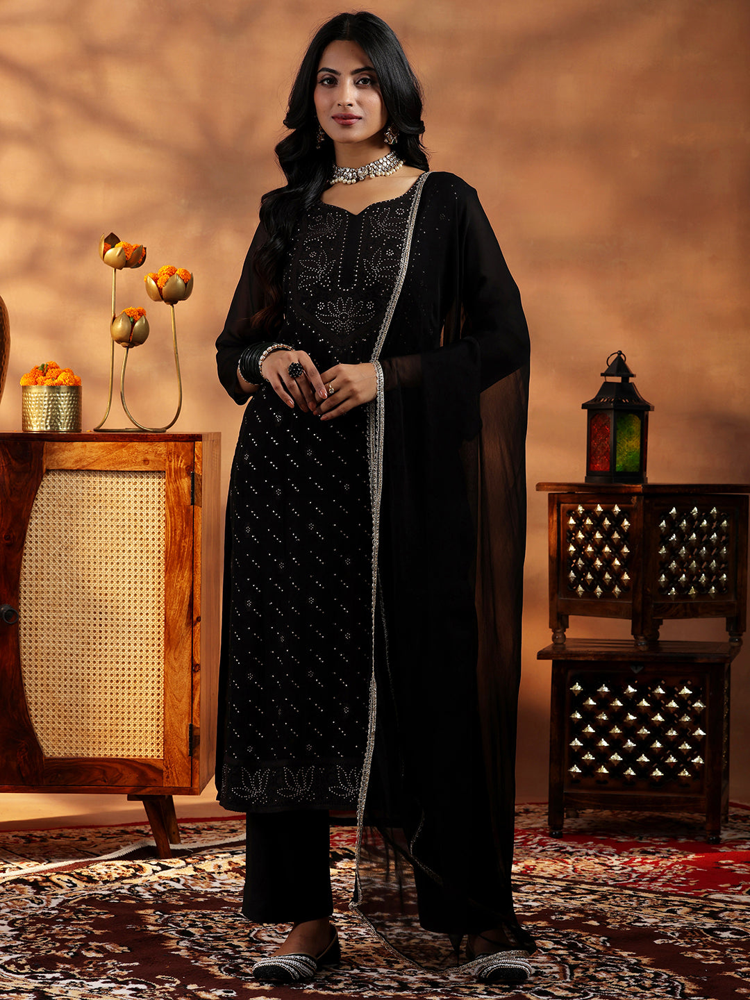 Libas Black Embroidered Organza Straight Suit With Dupatta - view 4