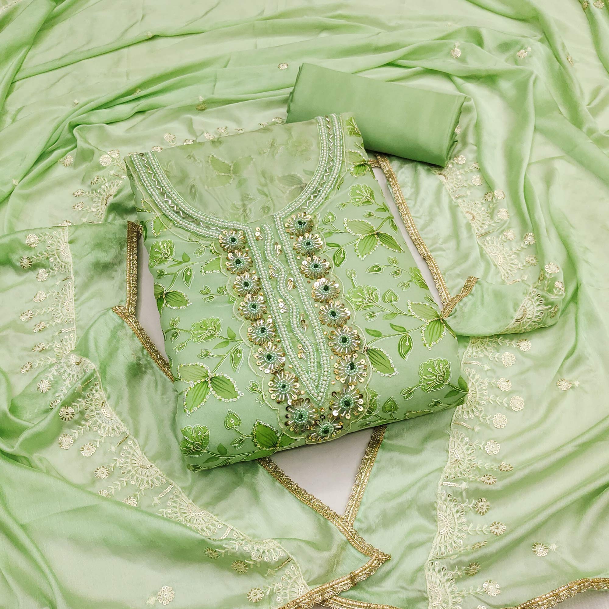 Green dresses – BlackTree green-floral-hand-embroidered-organza-dress-material