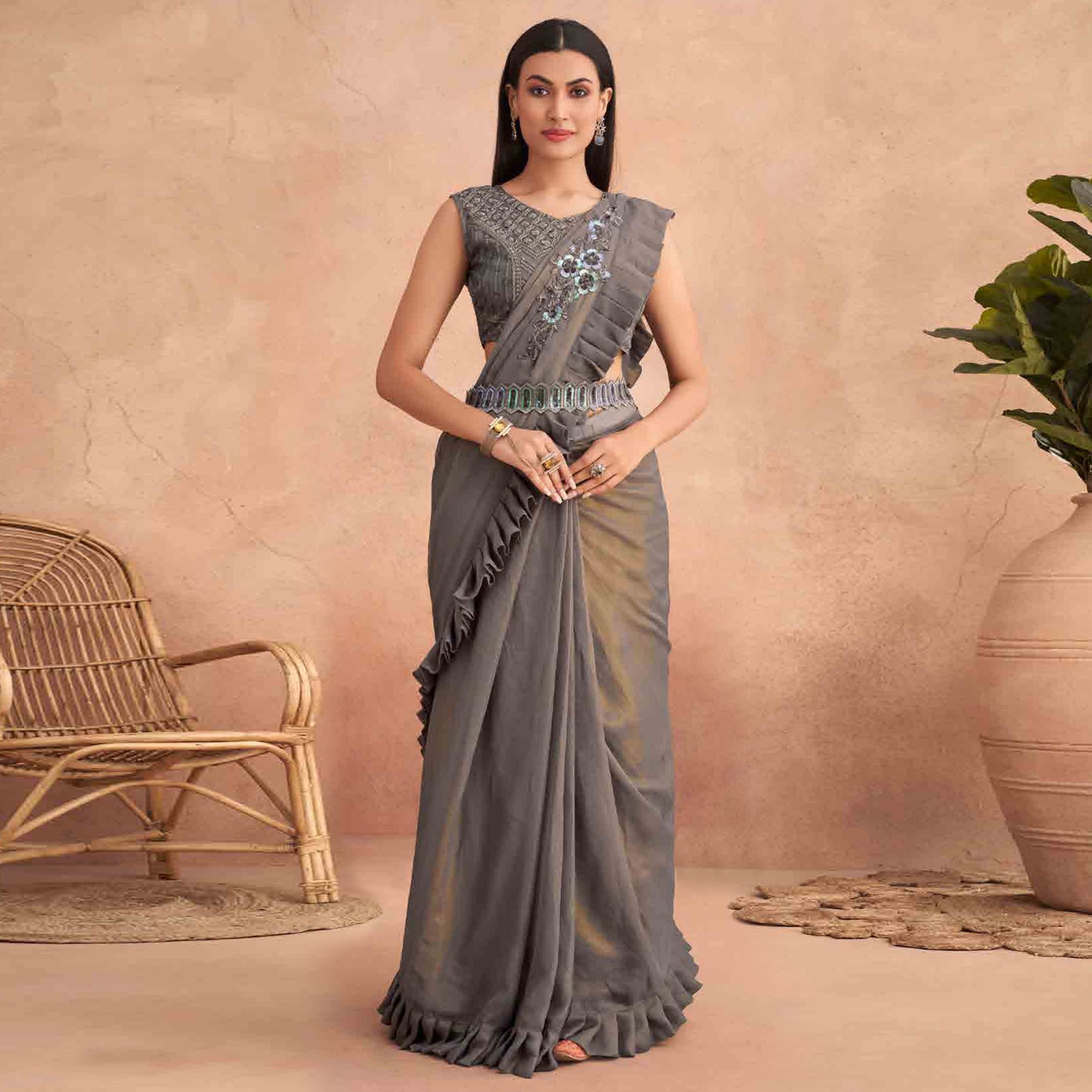 Peachmode Seller Grey Sequins Embroidered Ready to Wear Georgette Saree - view 2