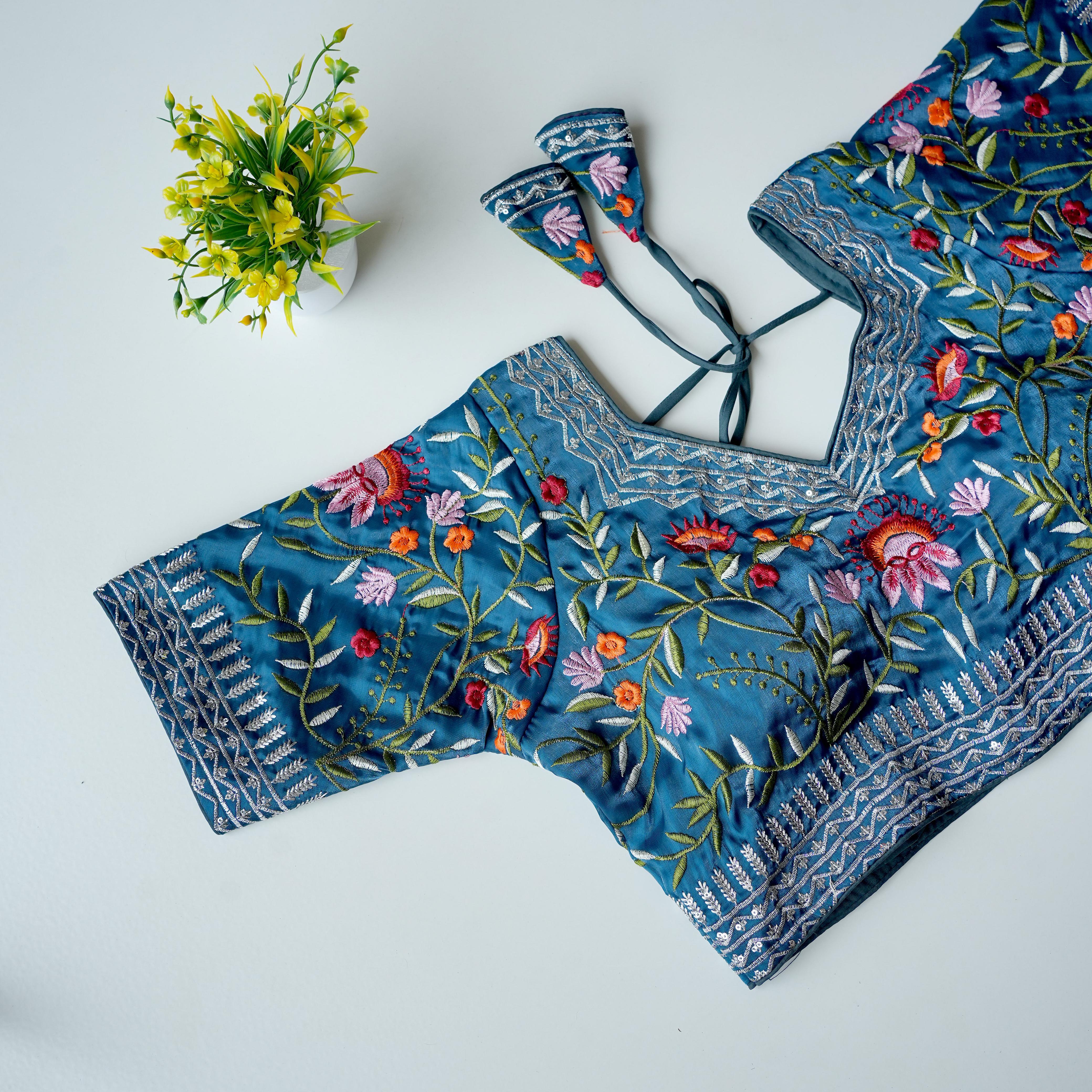 ClothsVilla Sky Blue Multi-Color Embroidered Jimmy Choo Silk Blouse