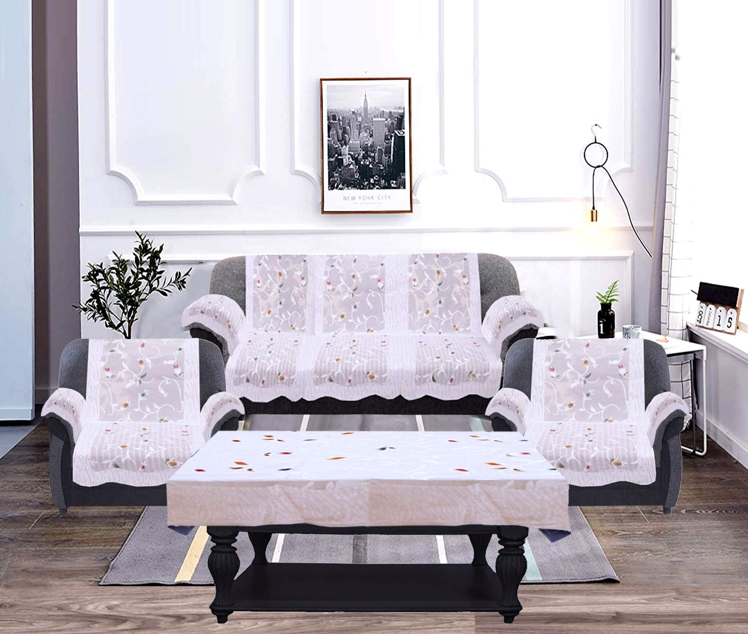 Kuber Industries Leaf Design Cotton 5 Seater Sofa Cover with 6 Pieces Arms Cover and 1 Center Table Cover Use Both Side, Living Room, Drawing Room, Be