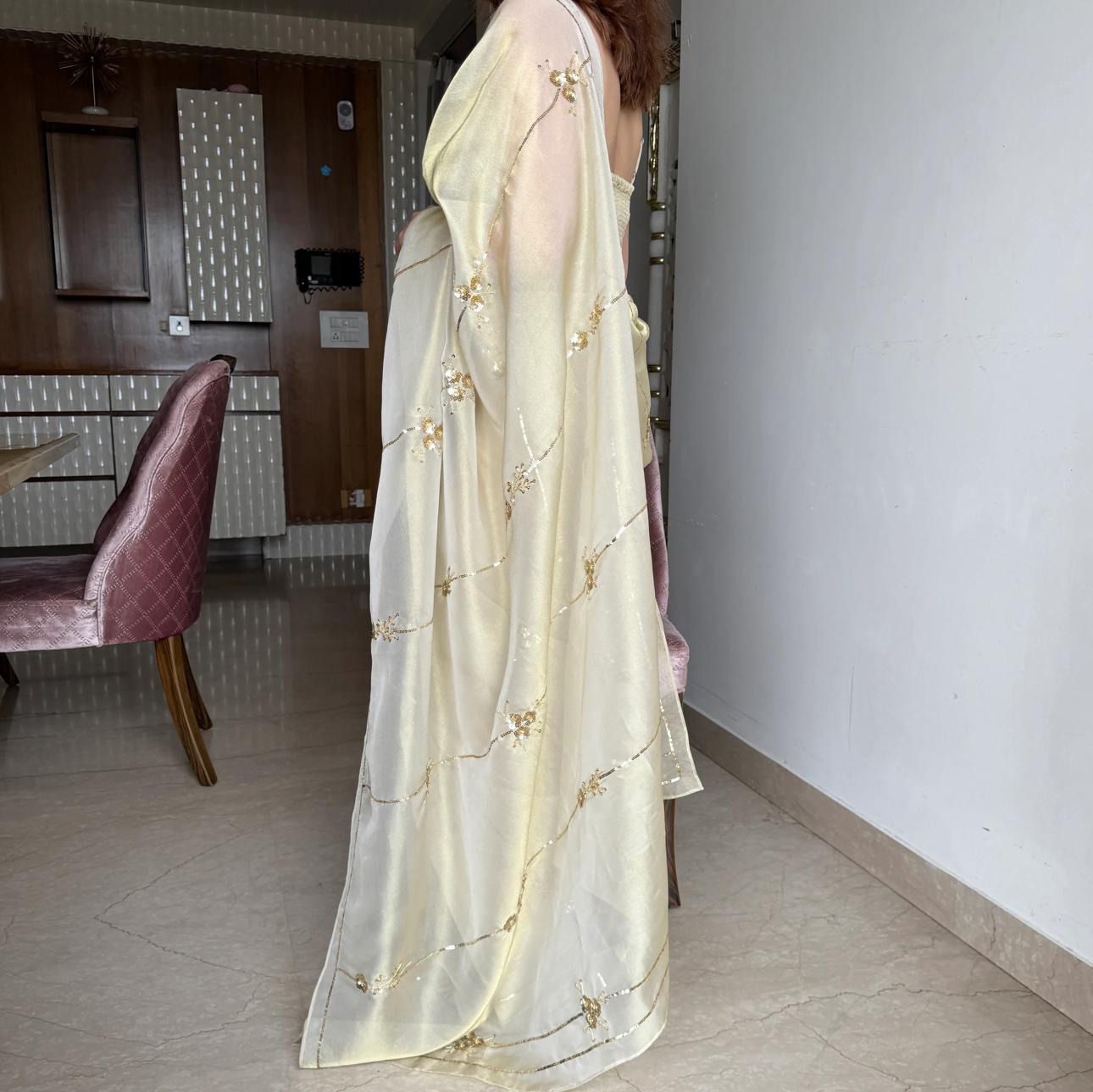 ClothsVilla Beige Color Tissue Jimmy Choo Saree with Exquisite Handwork – Complete with Running Blouse - view 3