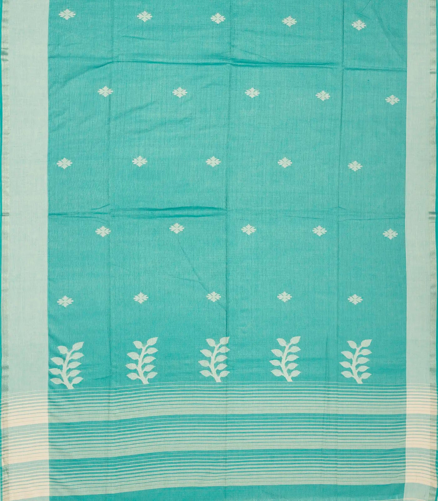 RmKV Turquoise Handloom Bengal Cotton Saree With Stripes & Buttas - view 2