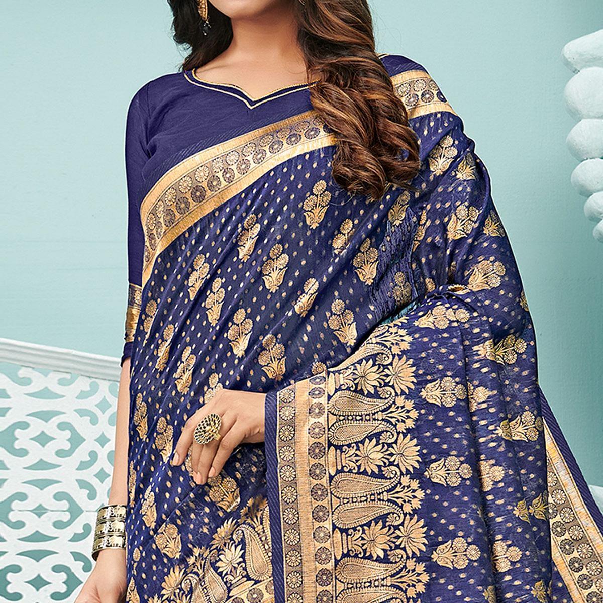 Peachmode Eye-catching Navy Blue Colored Festive Wear Woven Cotton Handloom Saree - view 2