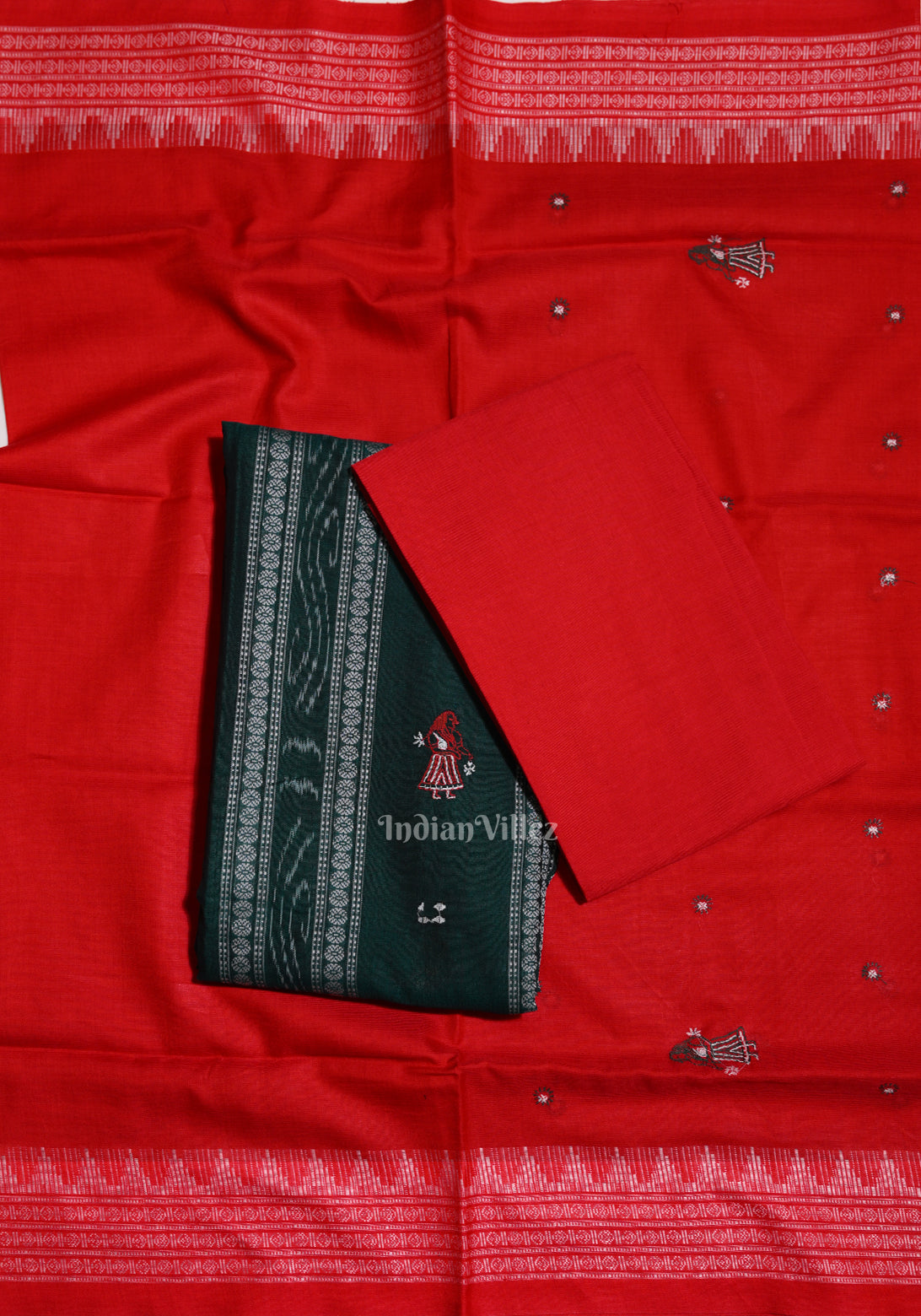 IndianVillèz Green with Red Doll Odisha Ikat Sambalpuri Dress Material & Dupatta