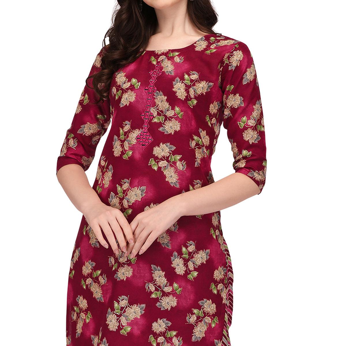 Peachmode Seller Maroon Floral Printed With Embroidered Cotton Blend Kurti Pant Set - view 3