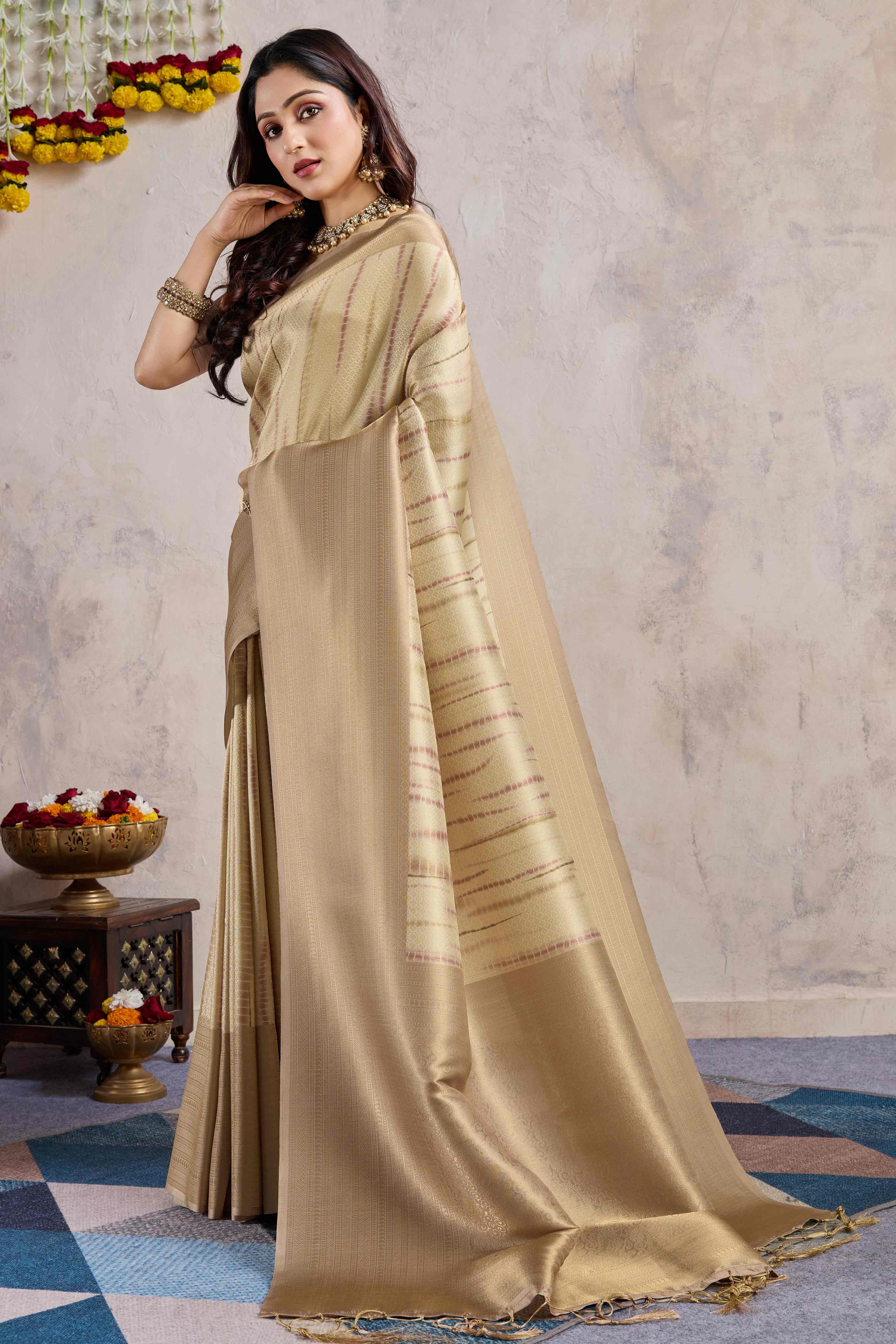 Peachmode Chikoo Woven With Digital Printed Banarasi Silk Saree - view 4