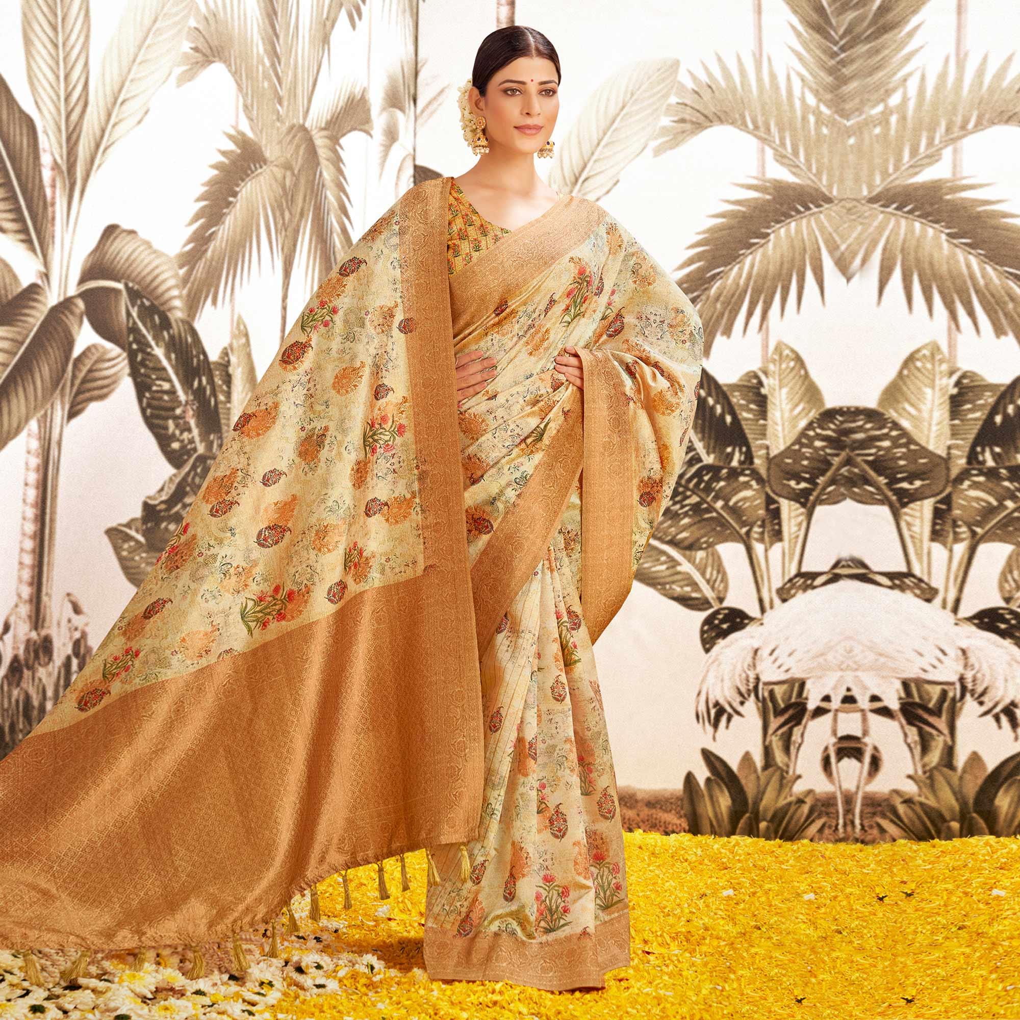 Peachmode Chikoo Digital Printed Art Silk Saree With Tassels