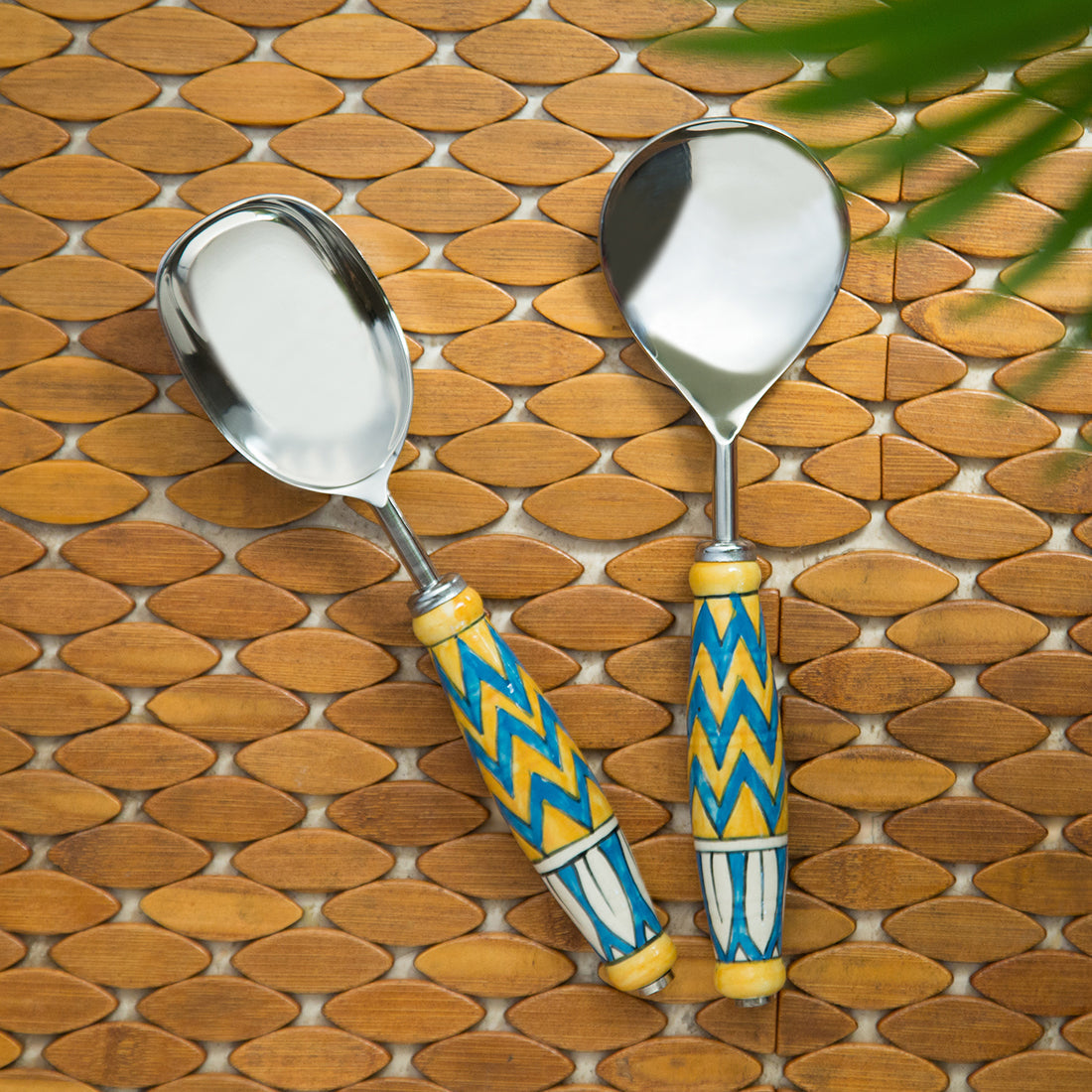 EXCLUSIVELANE 'The Mughal Paich Daar' Handpainted Serving Spoon Set In Stainless Steel & Ceramic (Set of 2)