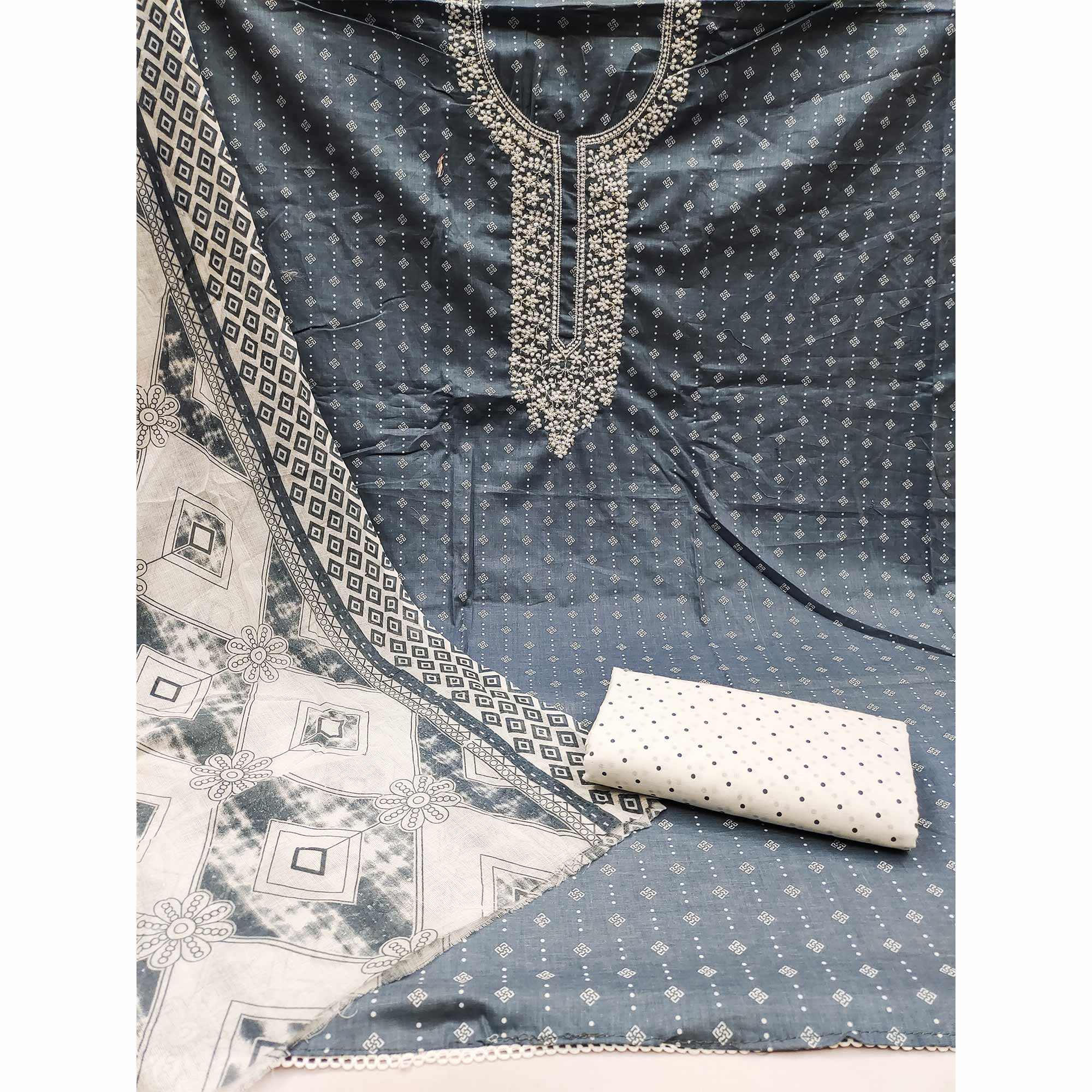 Peachmode Grey Printed With Embroidered Pure Cotton Dress Material - view 3