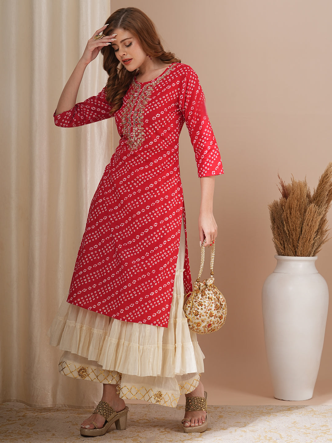FASHOR Bandhani Printed & Gota Patti Embroidered Straight Fit Kurta - Red