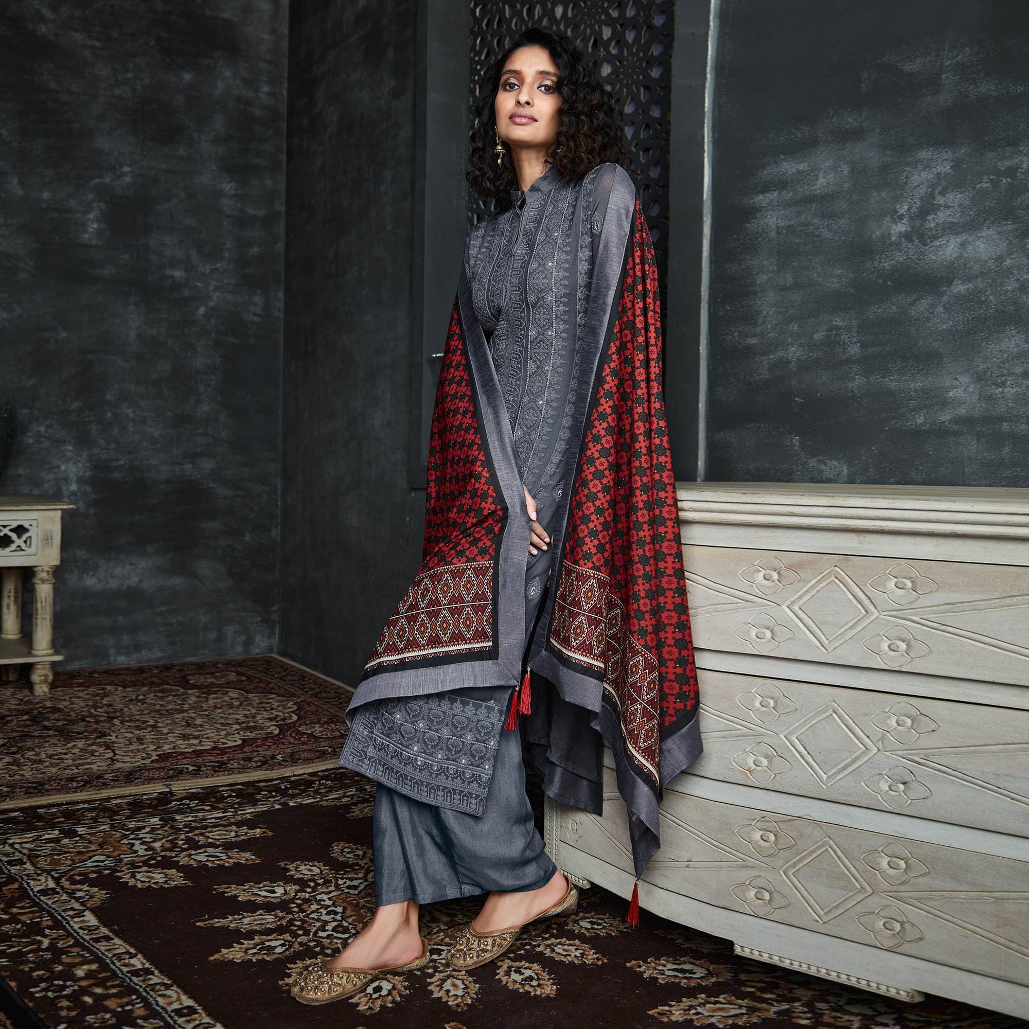 Grey trousers – BlackTree grey-lakhnavi-embroidery-georgette-partywear-palazzo-suit-135268