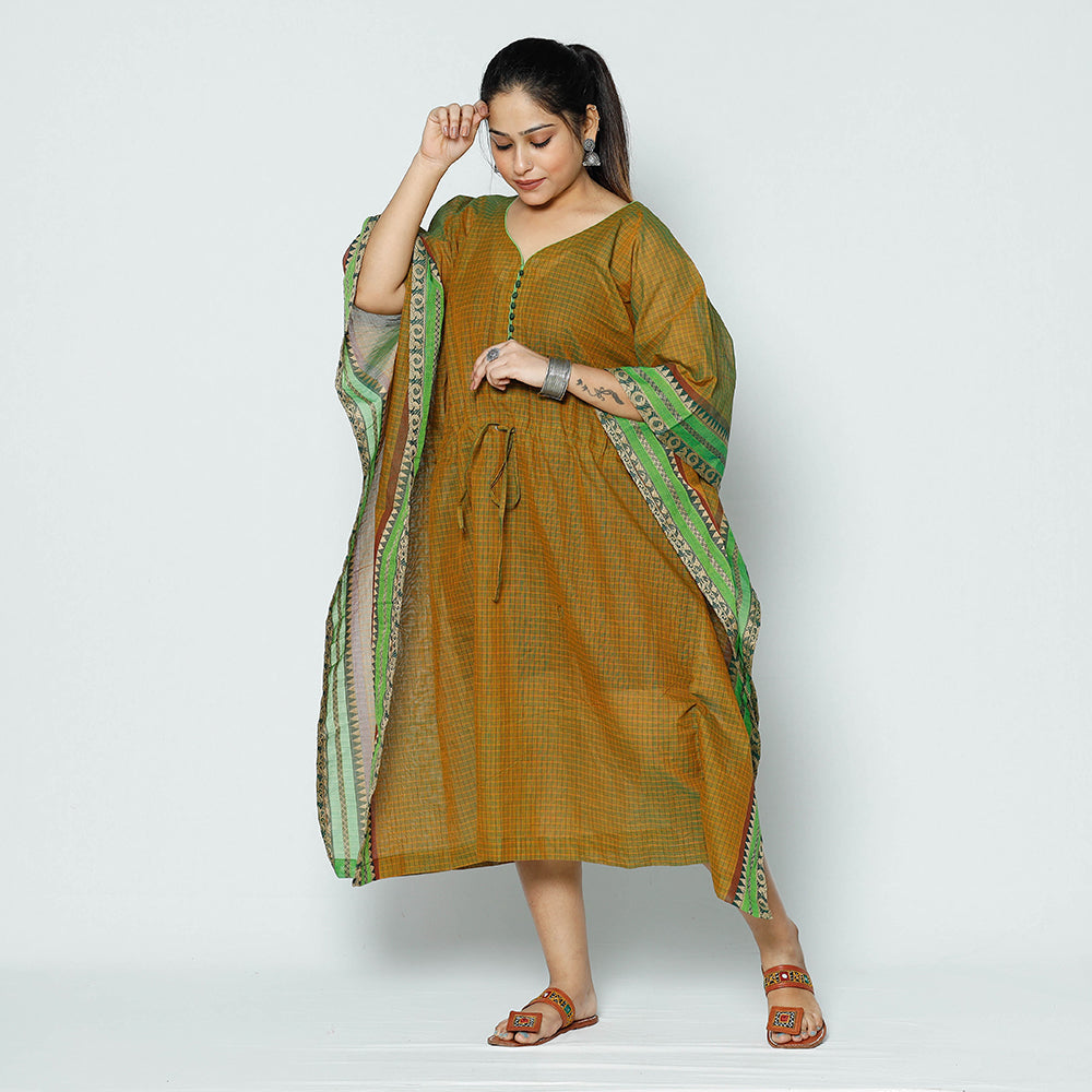 ITOKRI CASUALS Brown - Kanchipuram Checks Cotton Kaftan with Tie-Up Waist (Medium)