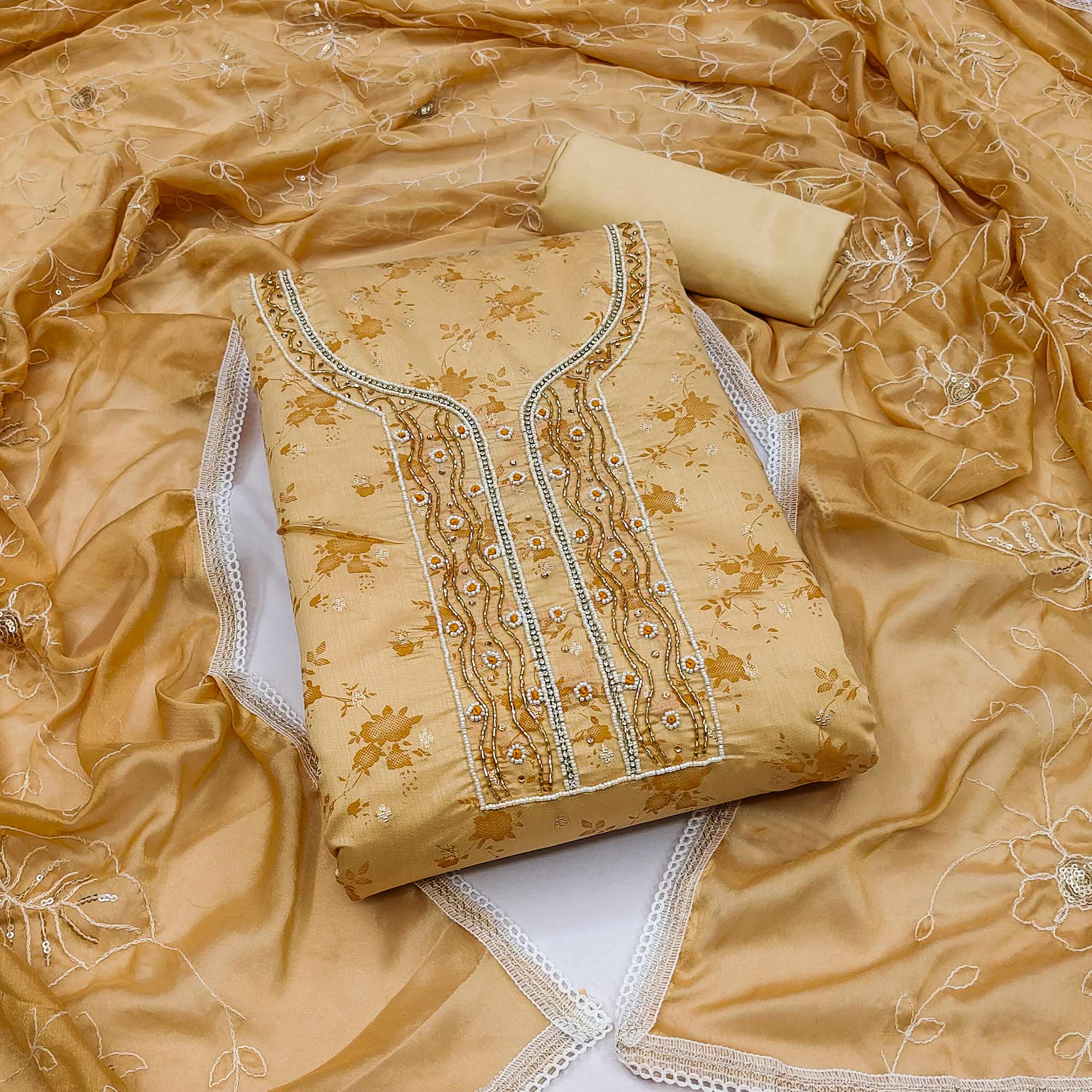 Peachmode Chikoo Digital Printed With Woven Chanderi Silk Dress Material