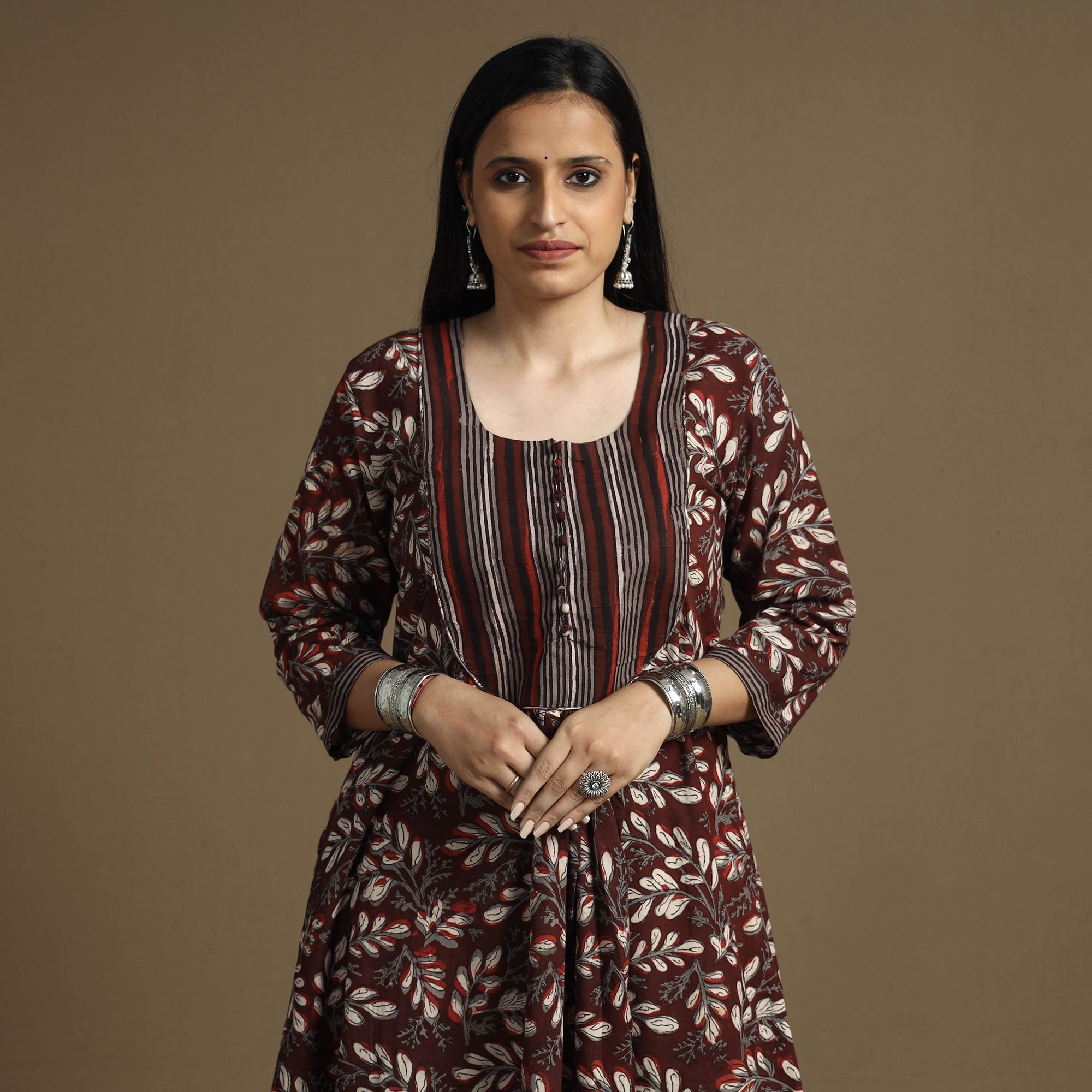 ITOKRI CASUALS Brown - Bagru Hand Block Printed Cotton A-Line Long Kurta