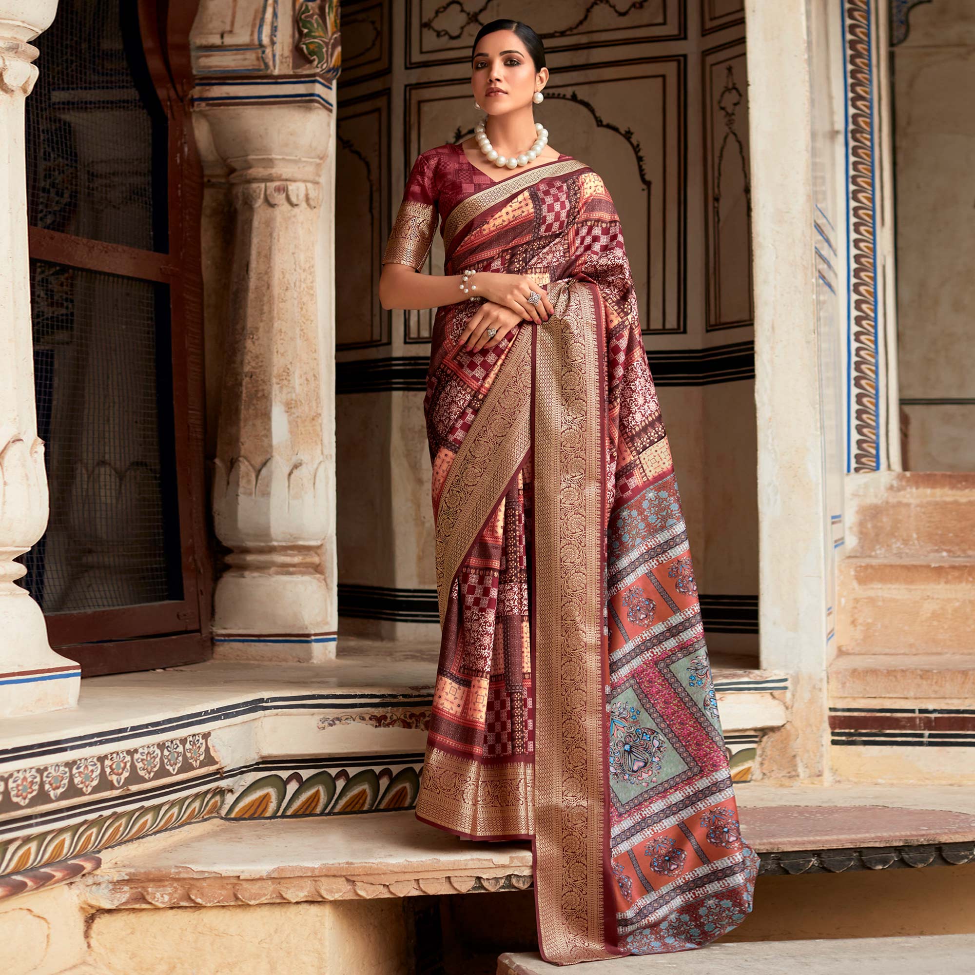 Peachmode Light Maroon Printed Dola Silk Saree